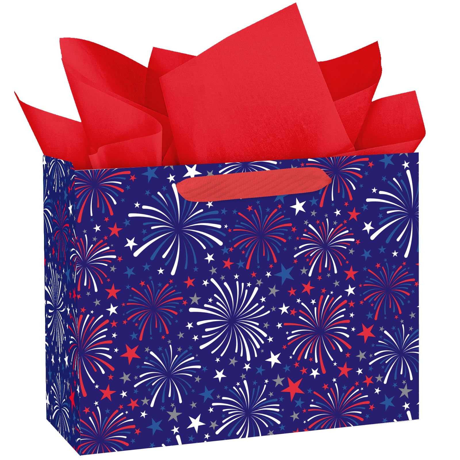 WRAPAHOLIC 13" Large Fireworks 4th of July Gift Bag with Tissue Paper - Dark Blue Fireworks Paper Bags for Independence Day, Memorial Day and Summer Party