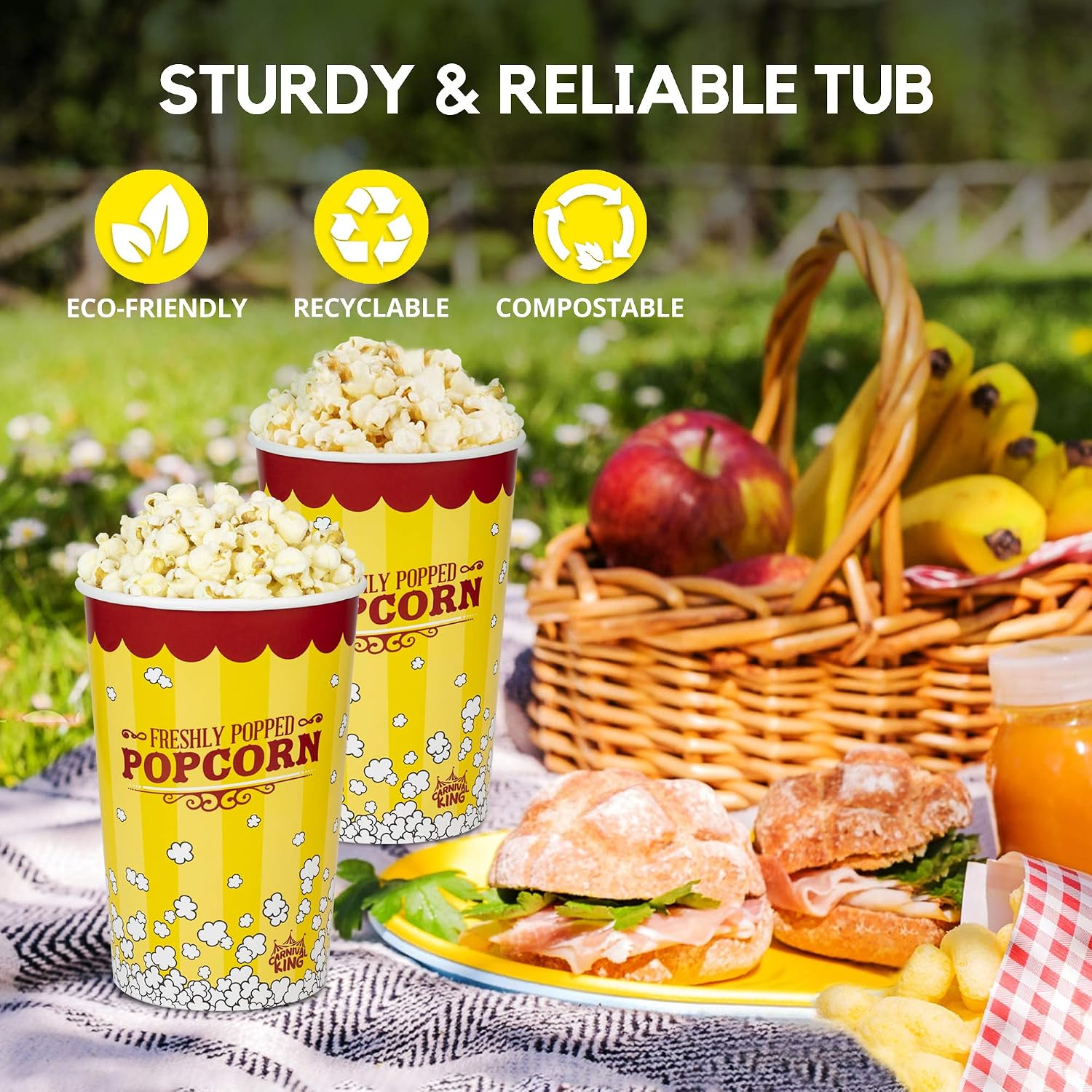 [25 Pack] Popcorn Buckets Disposable - 64 Oz Yellow and Red Paper Popcorn Containers - Solo Popcorn Tubs for Home and Theater Movie Night - Popcorn Cups for Circus, Carnival Theme Party Decorations