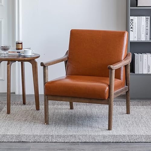 Miniatura 16 de UNICOO - Sillón decorativo de piel sintética con marco de madera maciza. Silla de lectura moderna de mediados de siglo para sala de estar dormitorio