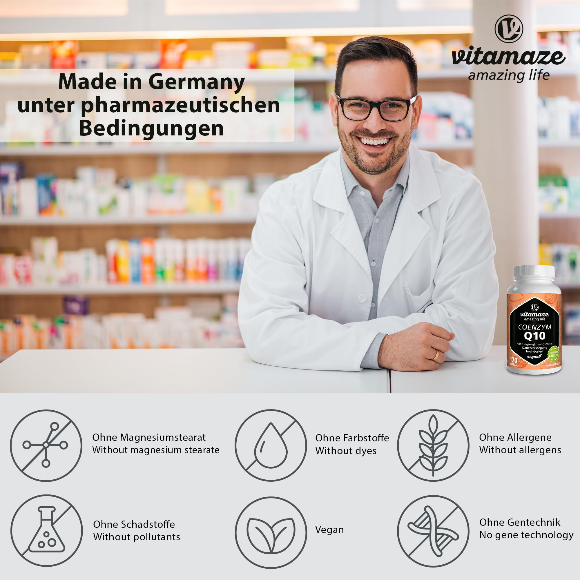 Coenzym Q10 hochdosiert, 200 mg pro Kapsel, vegan, 120 Kapseln für 4 Monate, 98% Ubichinon mit optimaler Bioverfügbarkeit, ohne unnötige Zusatzstoffe, Made in Germany