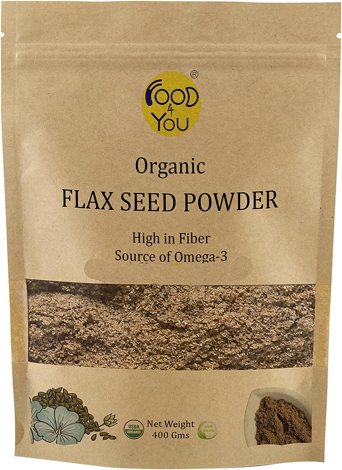 FOOD 4 YOU Organic Flax Seed Powder, No Artificial Colour, 400 g