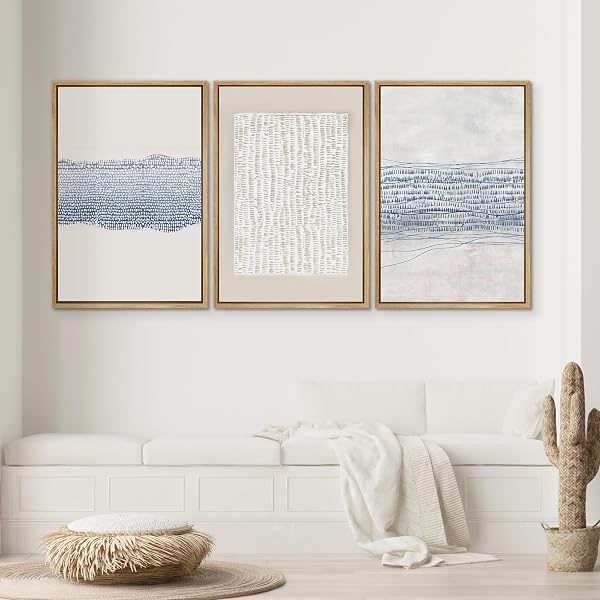 SIGNWIN Framed Canvas Print Wall Art Set Blue White Grunge Geometric Pattern Abstract Shapes Cozy Neutral Decorative Contemporary Minimal for Living Room, Bedroom, Office - 24"x36"x3 Natural - 2