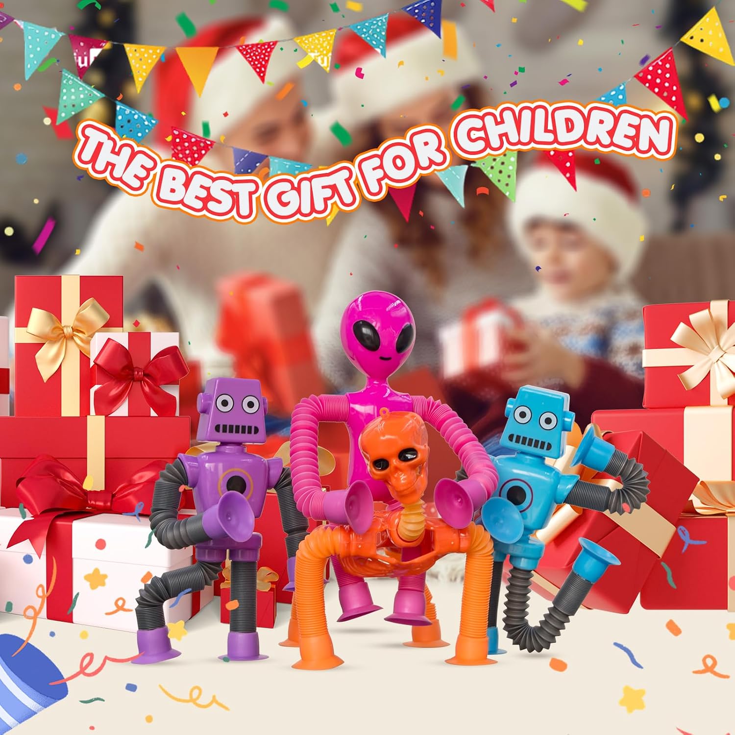 Pop Tubes Skeleton Fidget Toys for Kids, 8Pack Robot Fidget Pop Toys Telescopic Suction Cup Toy for Stress and Anxiety Relief, Stocking Stuffers Gift for Kids and Toddlers (8 Pack Multi-Items)