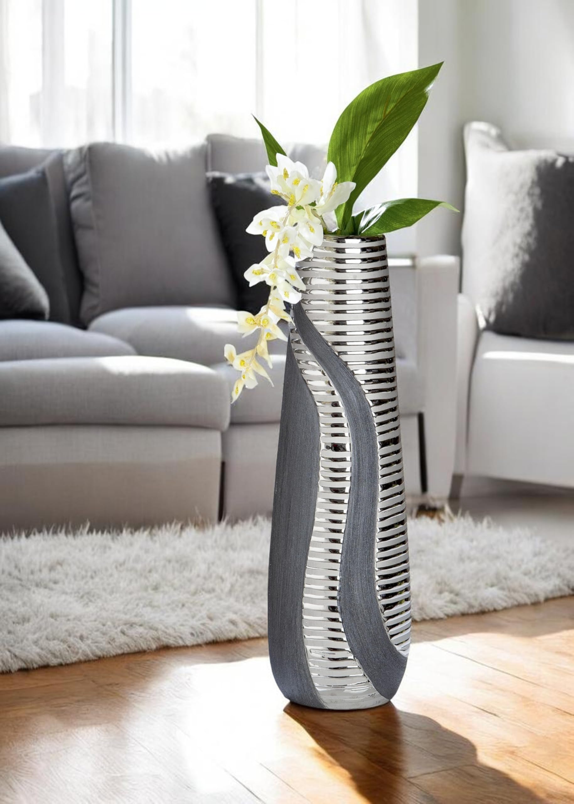 GILDE Vaso decorativo moderno per fiori, in ceramica, antracite, argento, altezza 49 cm