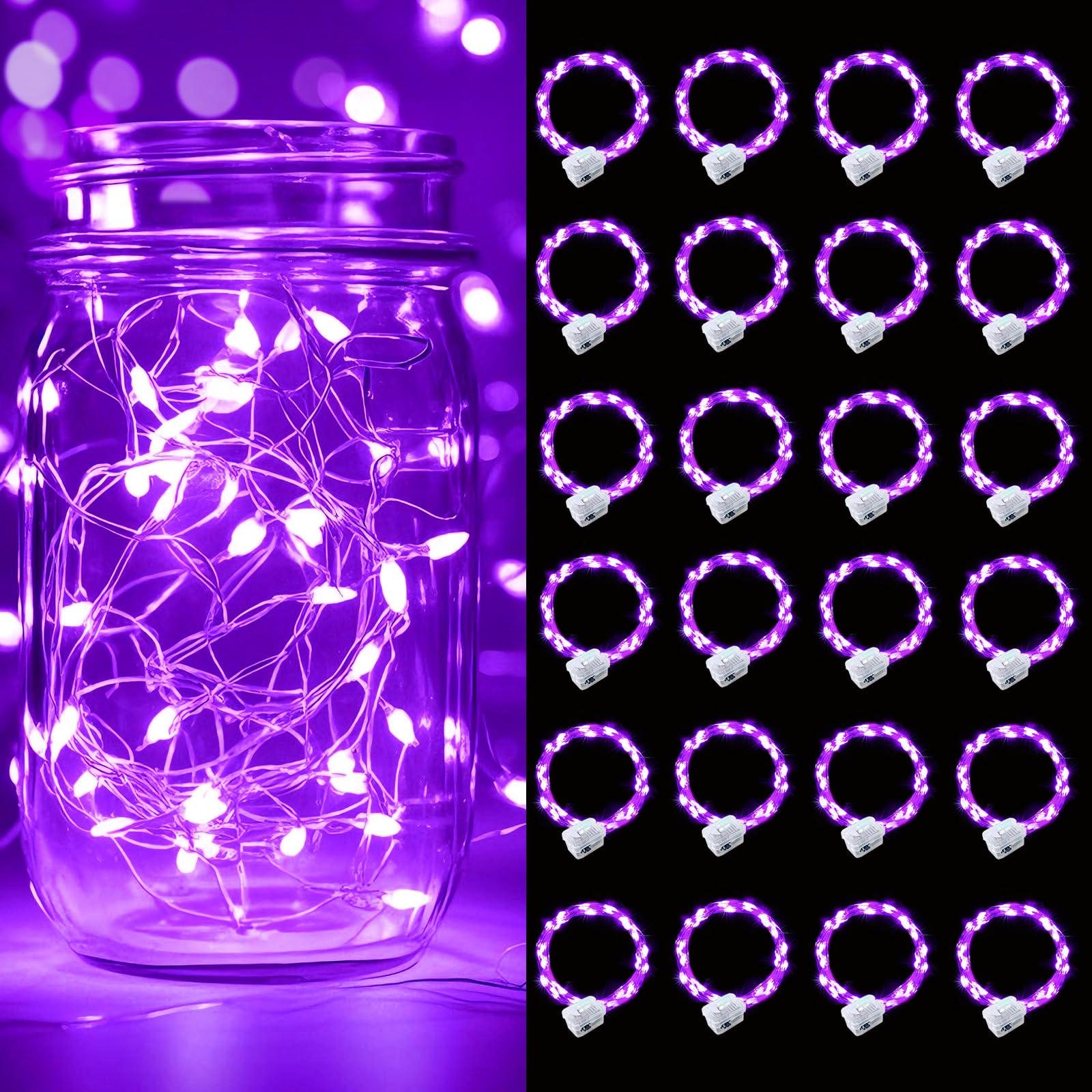 pozzolanas 24 Pack Purple Battery Operated String Lights - 7ft Waterproof Fairy Lights with 20 LEDs for Home, Mason Jar, Party, Wedding, Halloween,