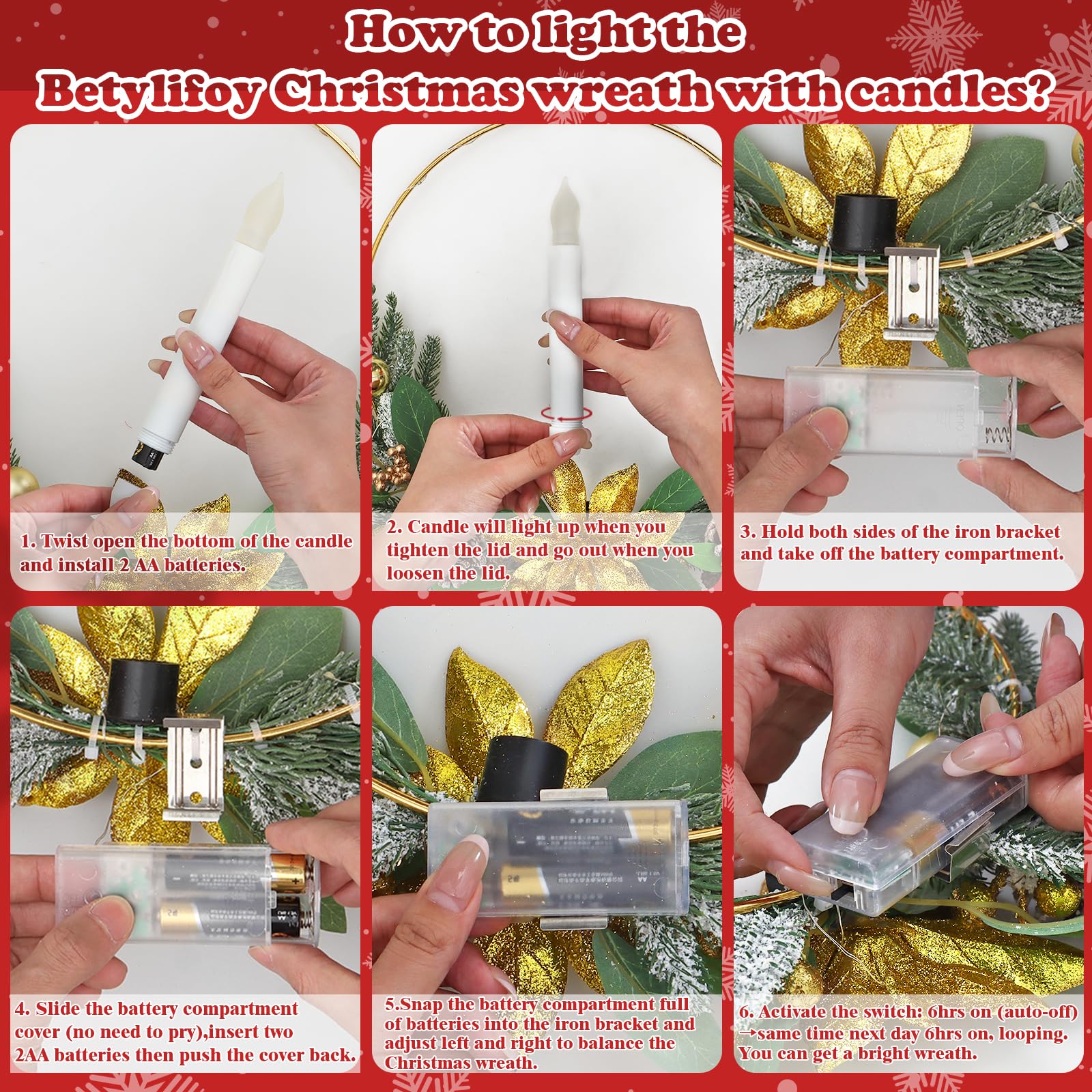 Betylifoy Lot de 2 couronnes de Noël rouges pour porte d'entrée de 40,6 cm avec bougies coniques à DEL pour porte d'entrée, fenêtre, cheminée, décorations de Noël (doré)