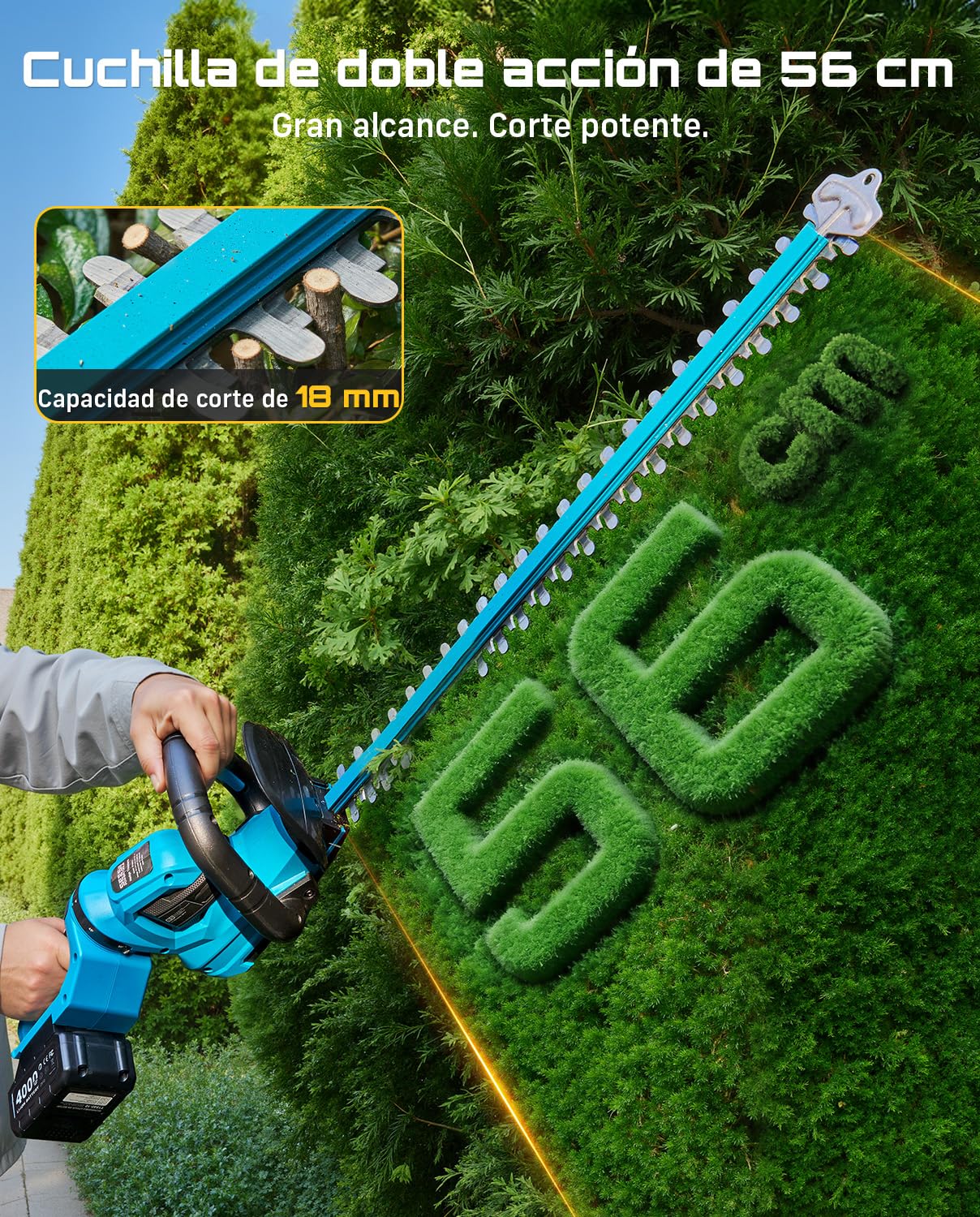 SEESII Cortasetos Batería 56 cm, Cortasetos Eléctrico 20V con 2 Baterías 4000mAh y Cargador, Espacio Entre Cuchillas 18 mm, Recogedor de Residuos, Cortasetos Inalámbrico para Jardín y Arbustos