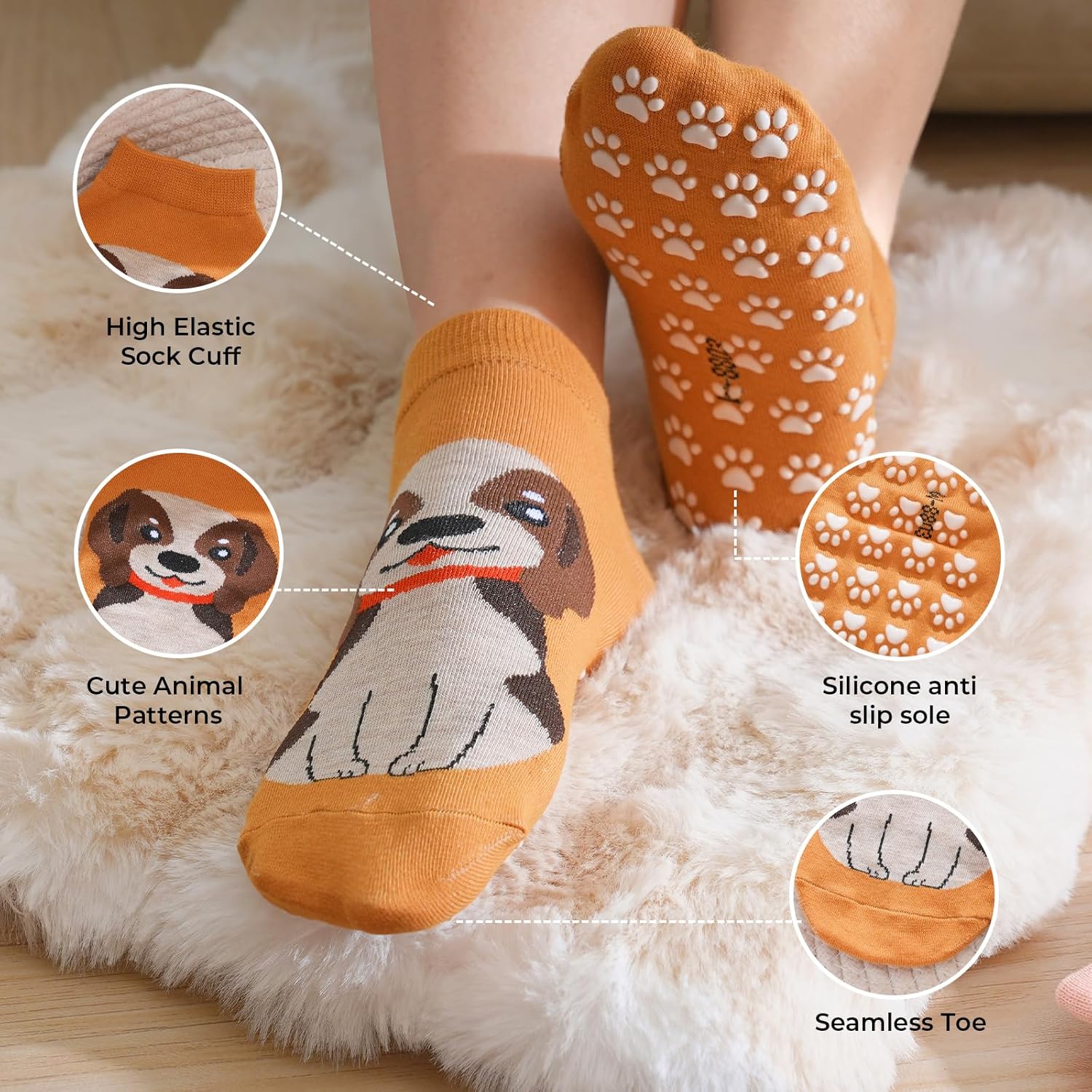 Non Slip Grippy Socks for Women Girls 5 Pack Cute Cat Grip Socks Pilates Slippers Footies for Yoga Barre Hospital - Image 3