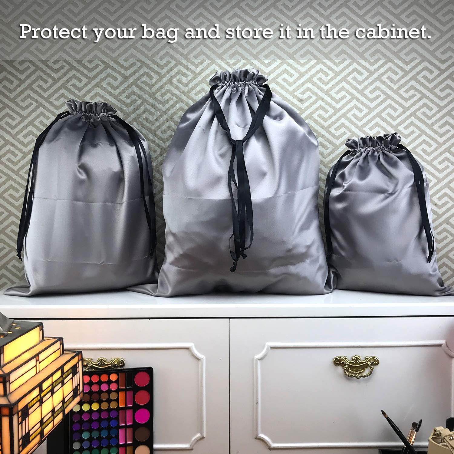 PlasMaller Dust Cover Storage Bags Thick Silk Cloth Pouch with Drawstring For Luxuries Handbags Tote Purses Shoes Boots, Silver (12.6 x 15.7 in) - Image 2