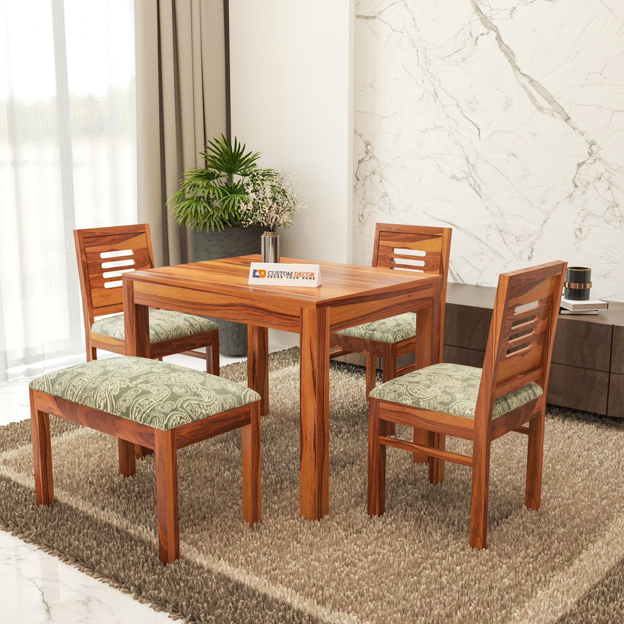 RECTART Solid Sheesham Wood 4 Seater Dining Table Set with Cushioned Chairs | 4 Seater Dining Table for Living Room | Dining Table 4 Seater