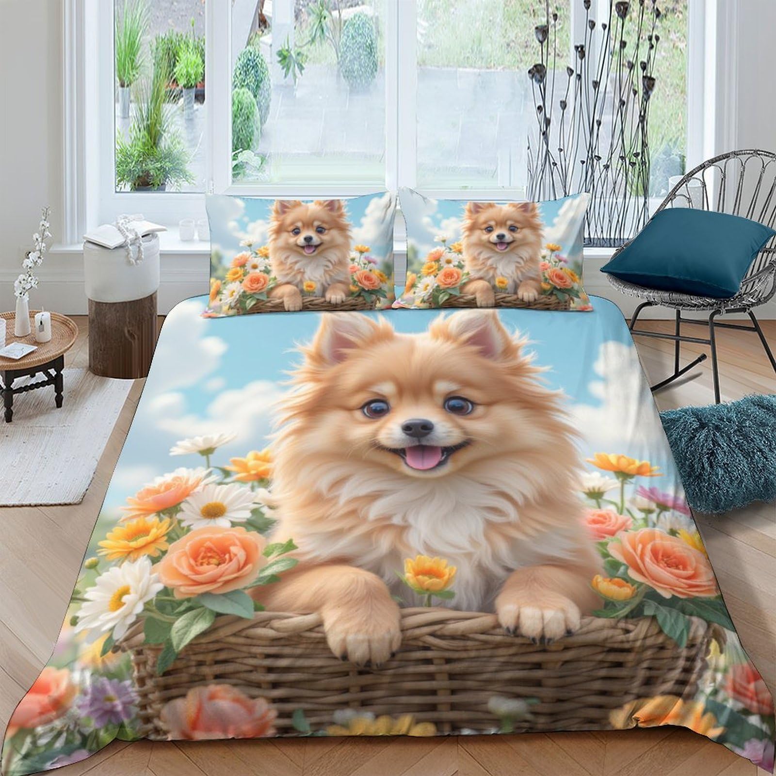 Ctjqhvkz Style-3 3D Printed Cute Pomeranian Dog Fitted Sheet Microfiber Floral Basket Mattress Cover For Bedroom Dorm Guest Room Decor Single（135X200cm）