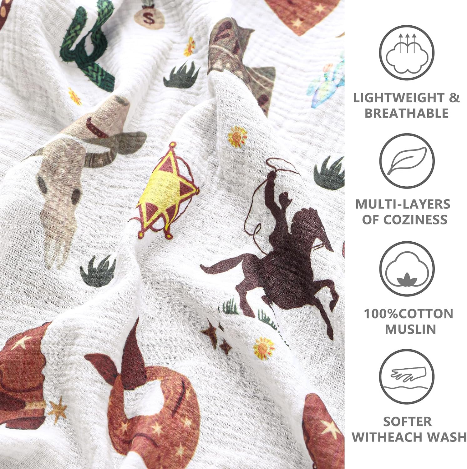 Breling Western Cowboy Muslin Baby Blankets for Girls Boys, 100% Cotton Crib Blanket for Infant Toddler, 40 x 36 Inch Soft and Lightweight Nursery Swaddling Wrap