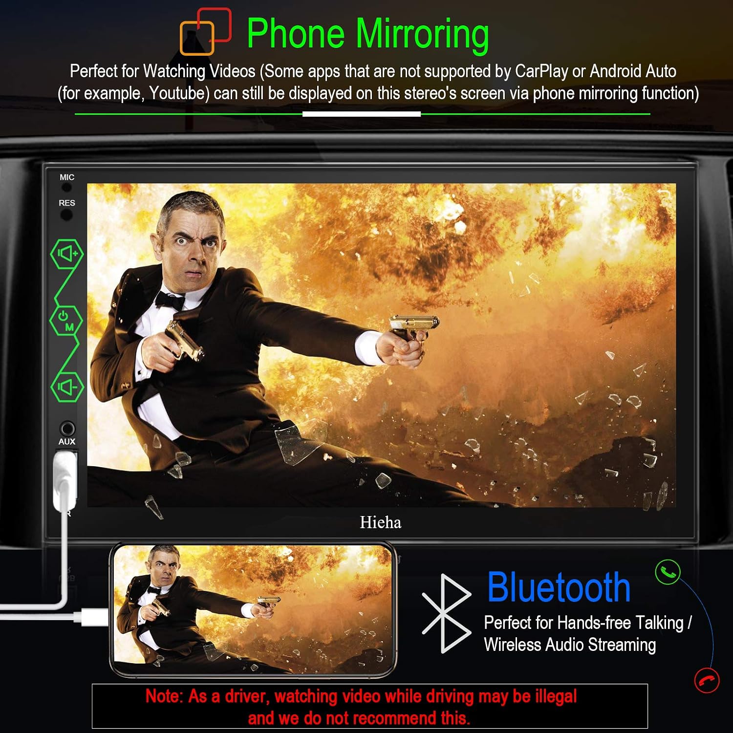 Double Din Car Stereo Compatible with Android Auto and Apple CarPlay, Hieha 7 Inches Car Audio Receiver, in-Dash Head Unit Car Radio Receiver with Bluetooth, Phone Mirroring, AM/FM Radio Tuner