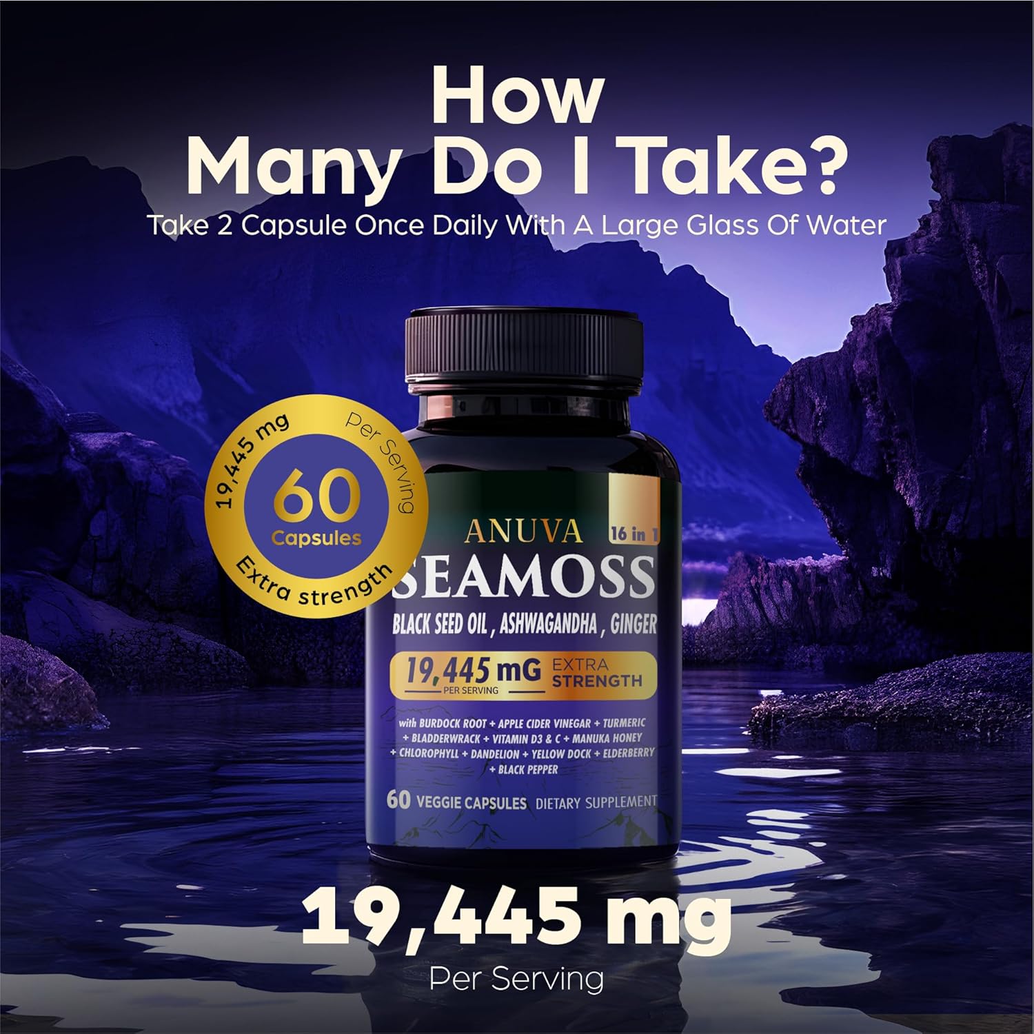 Anuva 16-in-1 Sea Moss Capsules | Black Seed Oil, Ashwagandha, with Vitamin C, D3, Turmeric, Burdock, Bladderwrack & Multi-Minerals | Immune, Skin, Joint & Energy Support | 60 Veggie Capsules