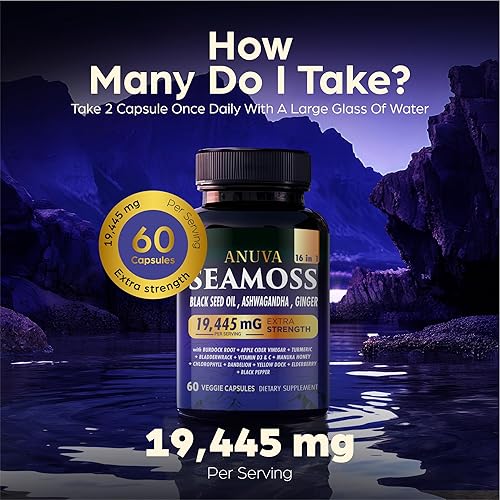 Miniatura 5 de Anuva Cápsulas de musgo marino 16 en 1  Aceite de semilla negra, Ashwagandha, con vitamina C, D3, cúrcuma, bardana, vejiga y multinerales  Apoyo