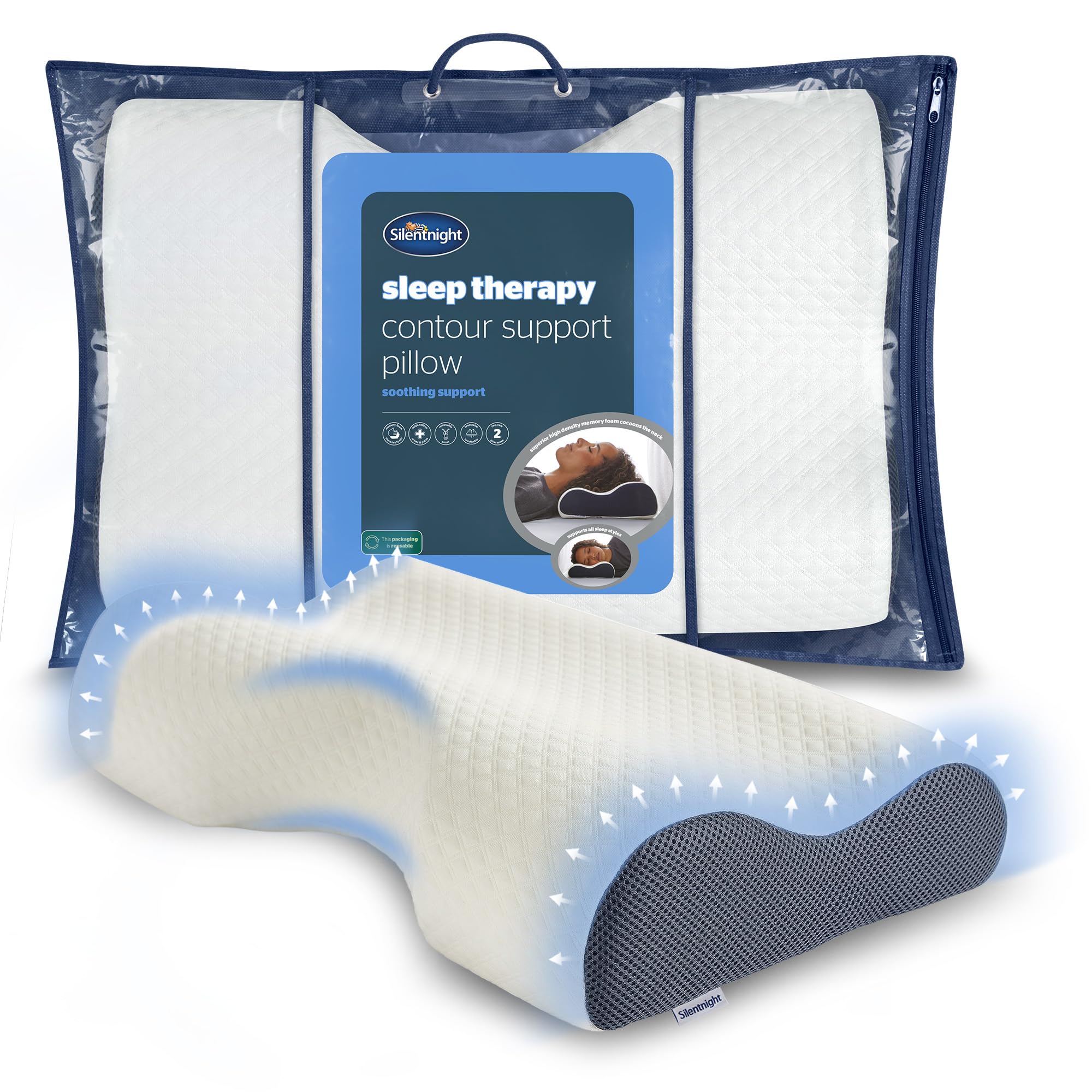 Silentnight White Sleep Therapy Contour Memory Foam Pillow - Firm Orthopaedic Support Pillow For Shoulder And Neck Pain Relief With Removable Cover And Breathable Air Mesh Sides
