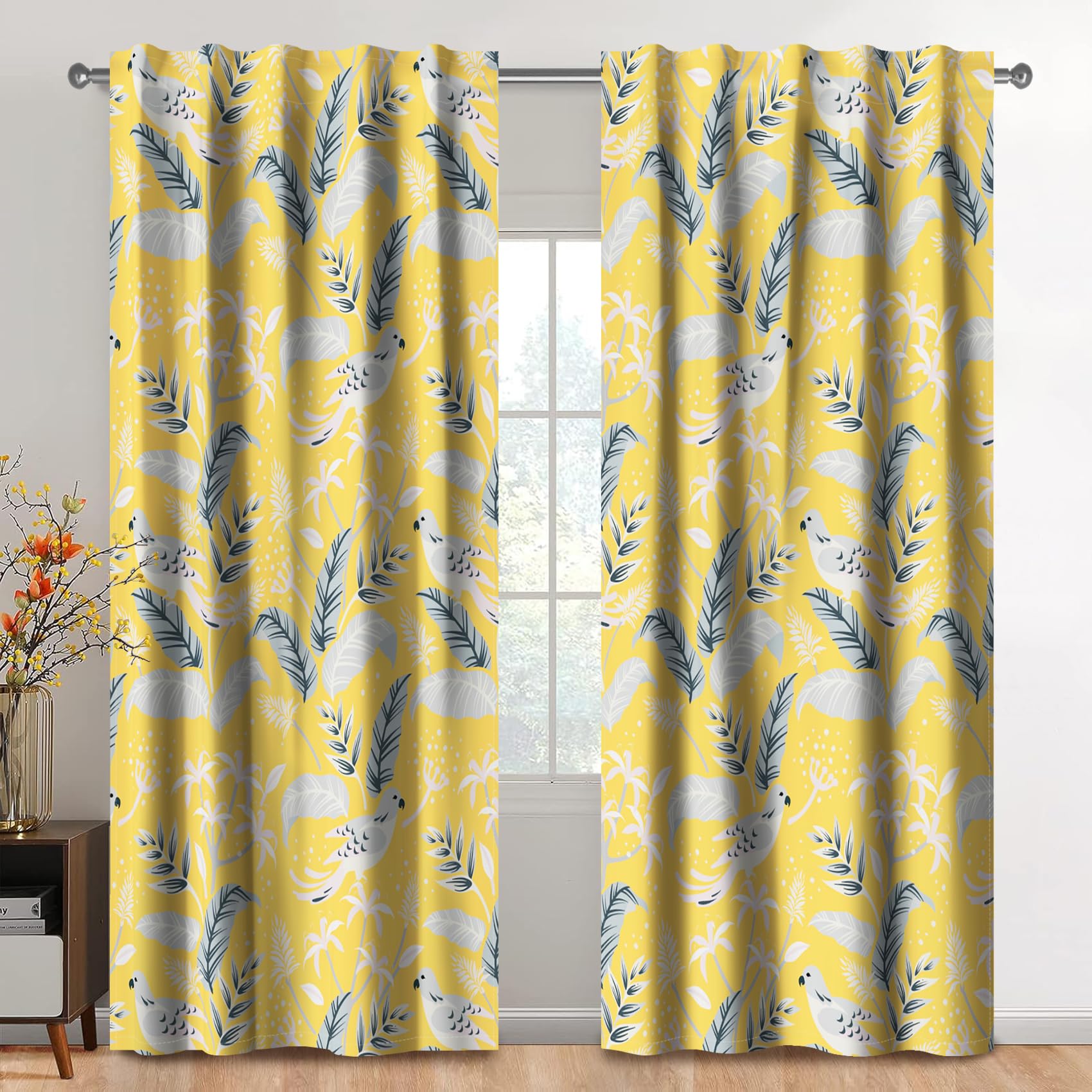 Kzzfqxb 2 Panels 117x138cm Rod Pocket Floral Curtains, Yellow Country Toile Pretty Birds in Trees with Lush Leaves and Flowers Window Drapes, Elegant Rural Decor for Living Room Bedroom Dining Room — image 1