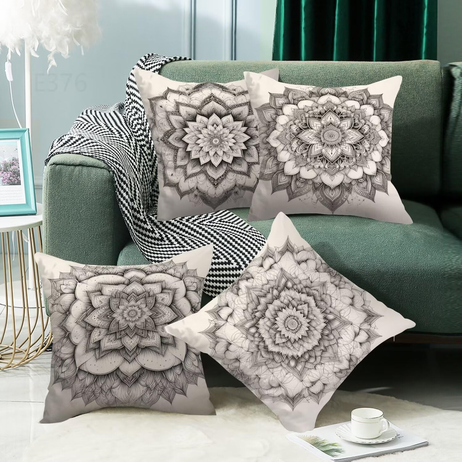 Boemia Federe Cuscini Divano 55x55cm,4 Pack Mandala Estate Esterno Cuscini per Divano,Doppio Lato Quadrato Morbido Cuscini Divano,per Divano Soggiorno Sedia Autunno Dekoration Cuscino,Regali LY-376