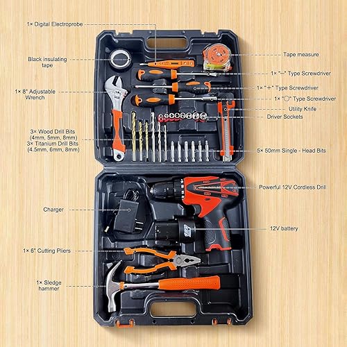 Miniatura 6 de Kit de herramientas naranja de 33 picce con taladro inalámbrico de 12 V, caja de herramientas con taladro, juego de taladro de mano para hombres