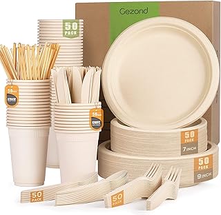 350pcs Compostable Paper Plates Set Eco-friendly Heavy-duty Disposable Cutlery Includes Biodegradable Forks, Knives, Spoons, Cups and Straws for Wedding Party, 50 Guests