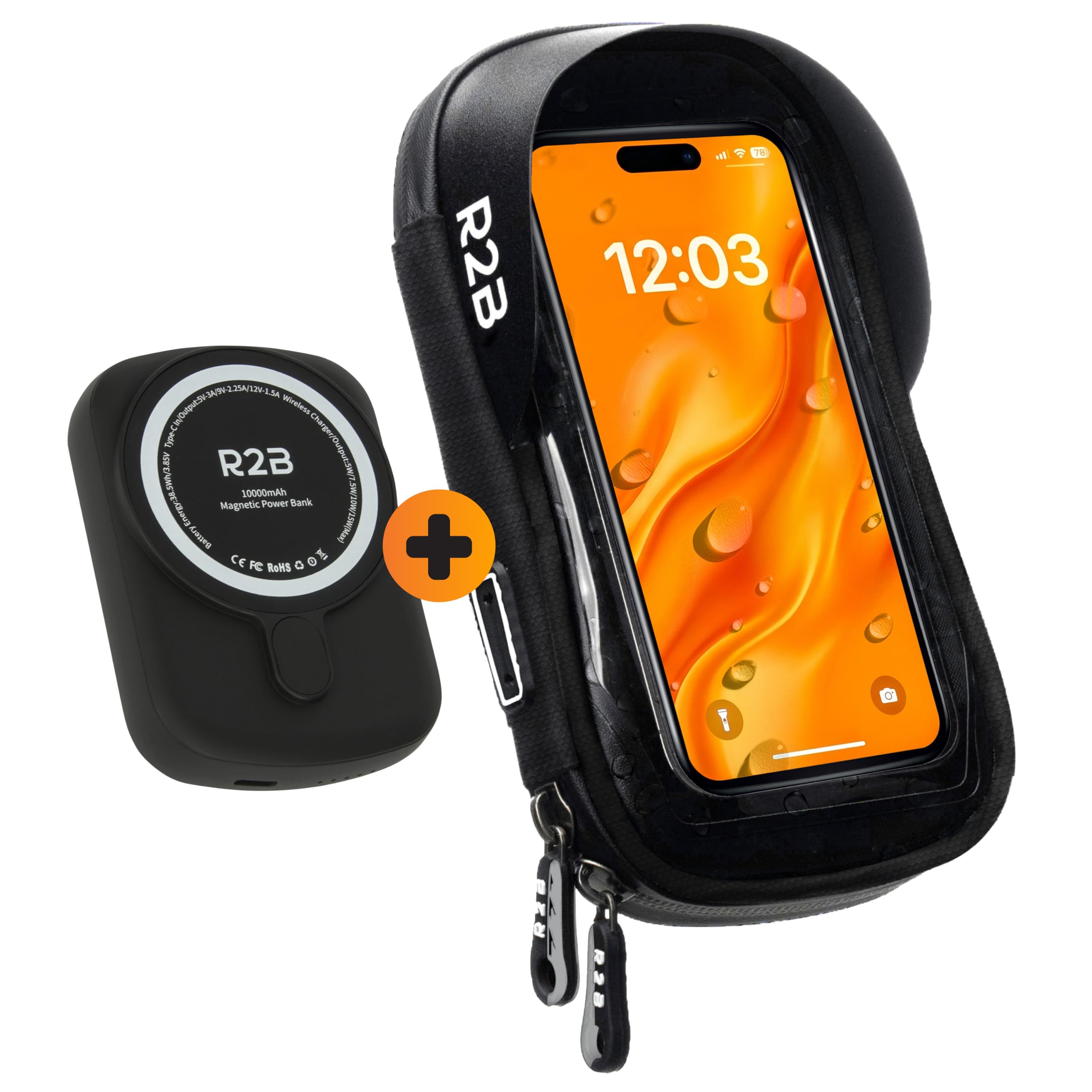 R2B Wasserdichte Handyhalterung Fahrrad mit Powerbank passend für Magsafe - Mit Zusätzlichem Staufach, Telefonhalter für Mountainbikes, Motorrad und Kinderwagen, 360-Grad-Rotationsfunktion, Einfache