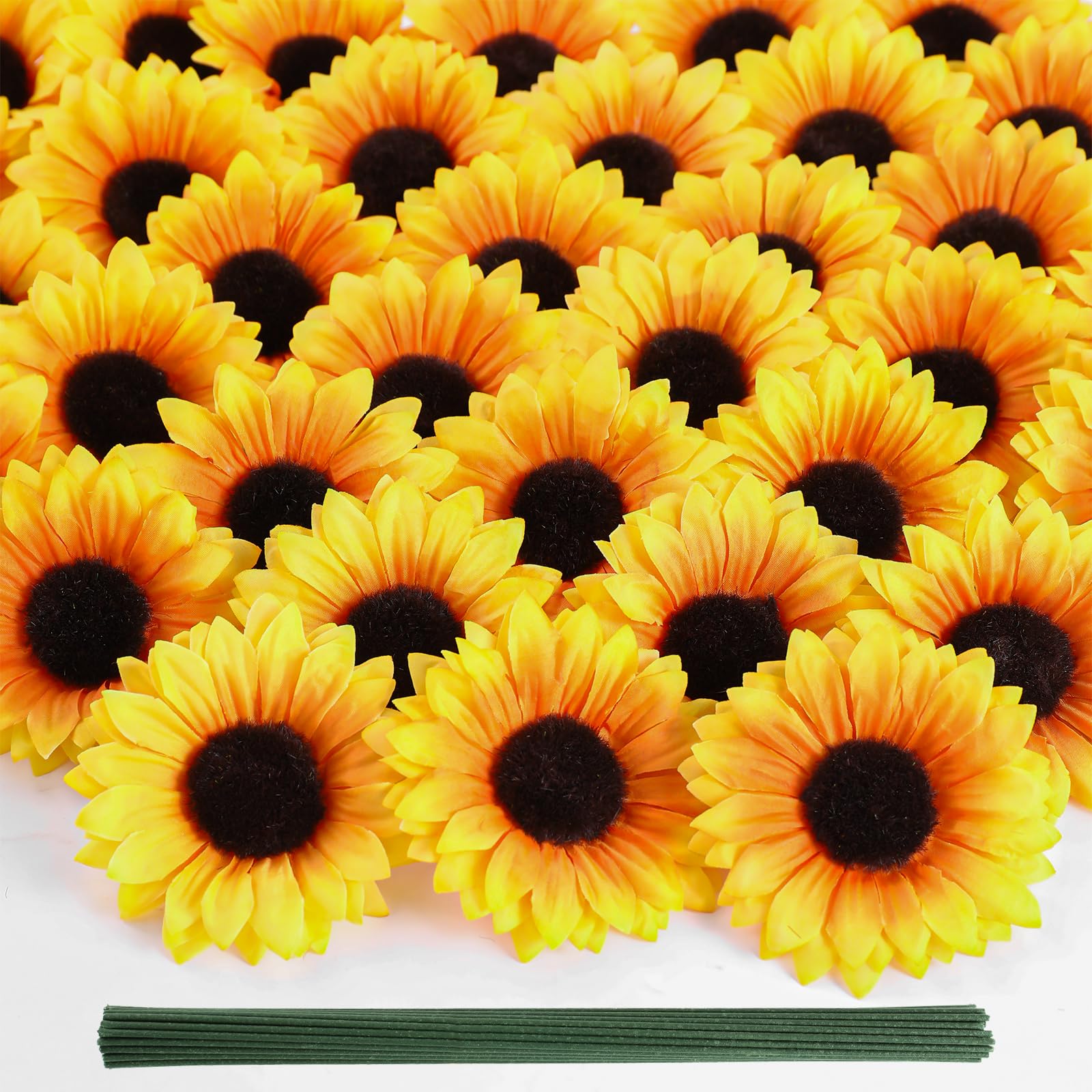 Coferset 40pcs Fake Sunflower Heads with Stems, Fall Yellow