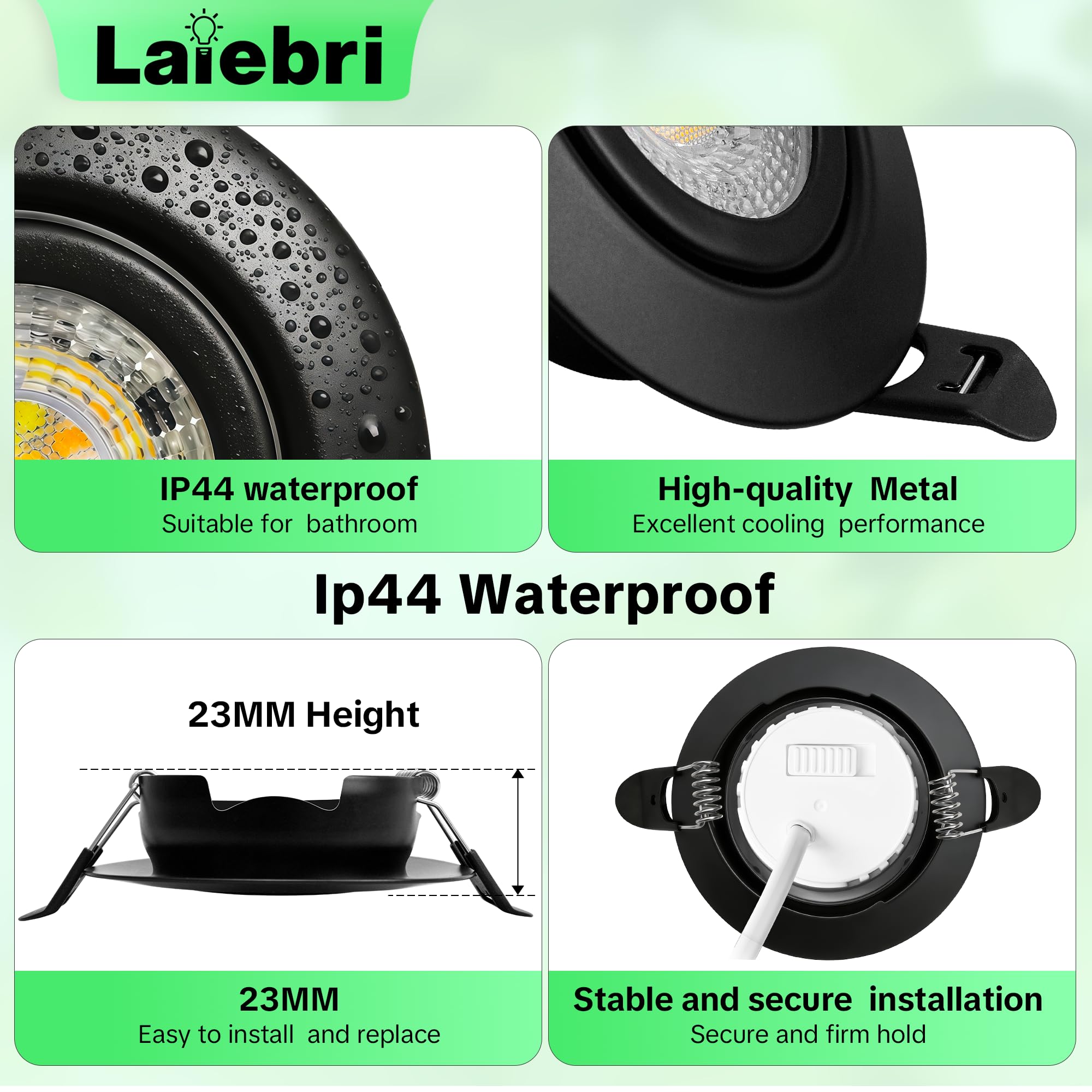 Focos empotrables LED, 230 V, regulables, 6 W, IP44, diámetro 68 mm, giratorios 38°, temperatura de color 3000 K/4000 K/6000 K, para baño, planos, negro, 10er