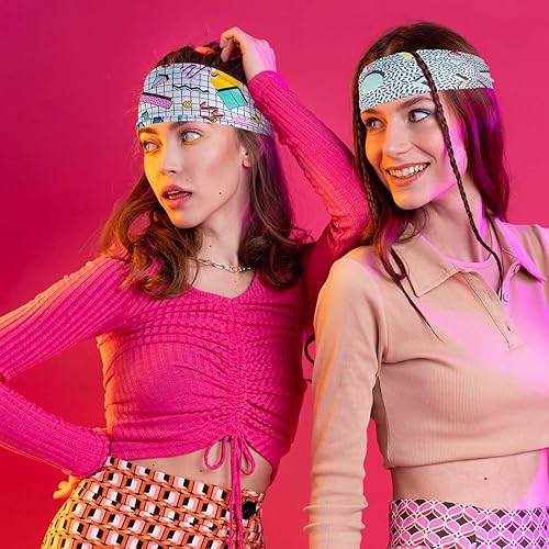 Miniatura 4 de Paquete de 4 diademas de los años 90 con estampado retro de los años 80 para mujer, bandas de sudor de moda vintage, bandas deportivas para el