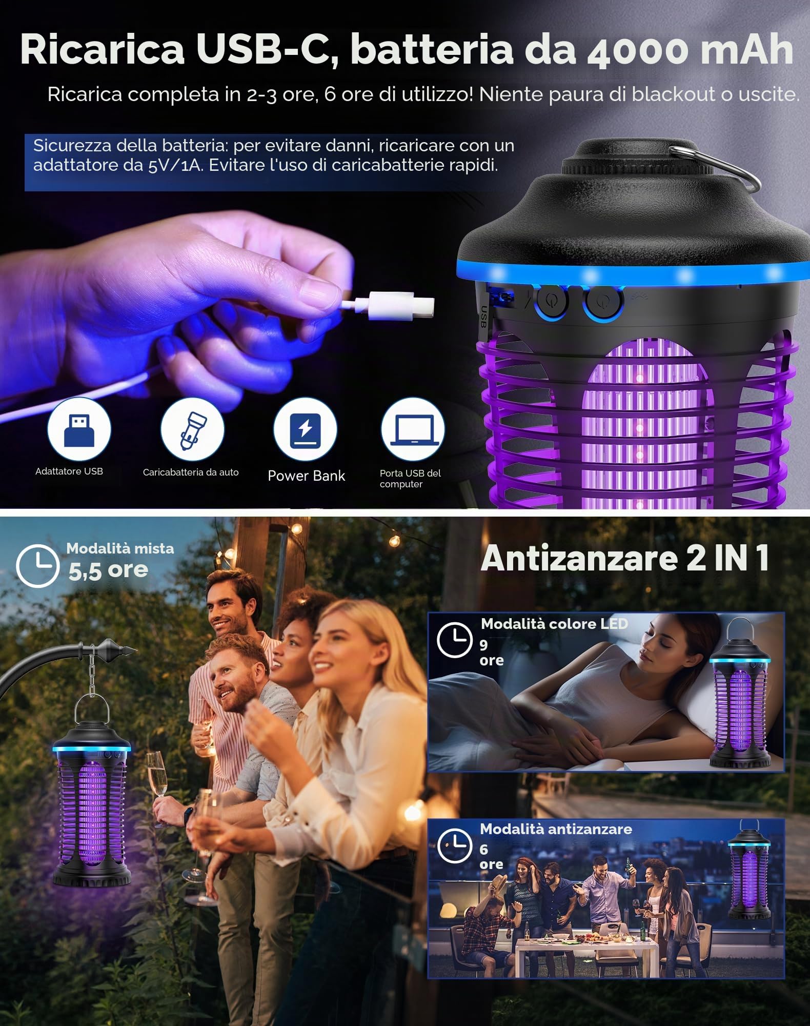 Lampada Antizanzare Elettrica, 4000mAh Zanzariera Elettrica, Trappola per Mosche per Insetti Ricaricabile USB Portatile per Casa, Cucina, Giardino, Campeggio