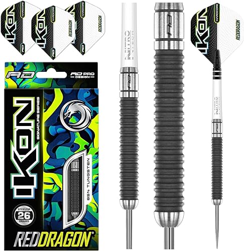 RED DRAGON Ikon Signature Series - Juego de dardos profesionales con punta de acero de tungsteno con vuelos y tallos