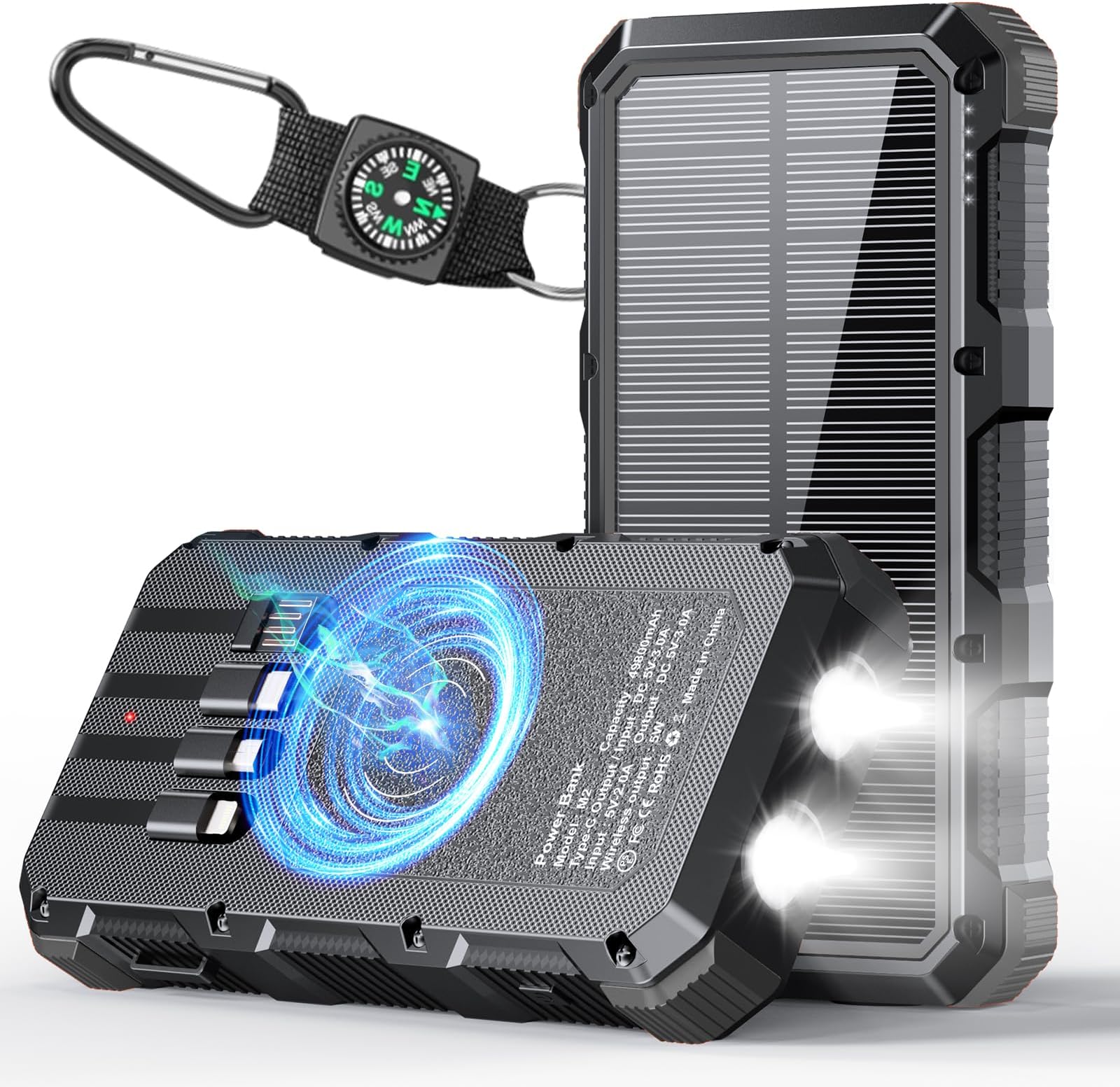 Solar Charger Power Bank 49800mAh Wireless Charger QC 3.0 Fast Charging Power Bank 8 Outputs 4 Inputs Solar Portable Charger Compatible with All Mobile Devices,SOS/Strobe/Strong Flashlights (Black)