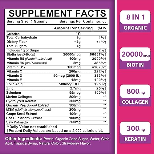 Miniatura 2 de (2 paquetes) Gomitas de biotina para mujeres y hombres, fuerza máxima de 20,000 mcg de biotina con colágeno, queratina y ácido fólico, fórmula