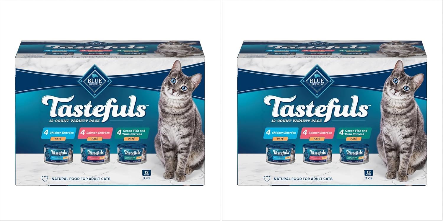 Blue Buffalo Tastefuls Flaked Wet Cat Food Variety Pack, Made with Natural Ingredients, Tuna, Chicken, Fish & Shrimp, 5.5-oz Cans (24 Count, 8 of Each)