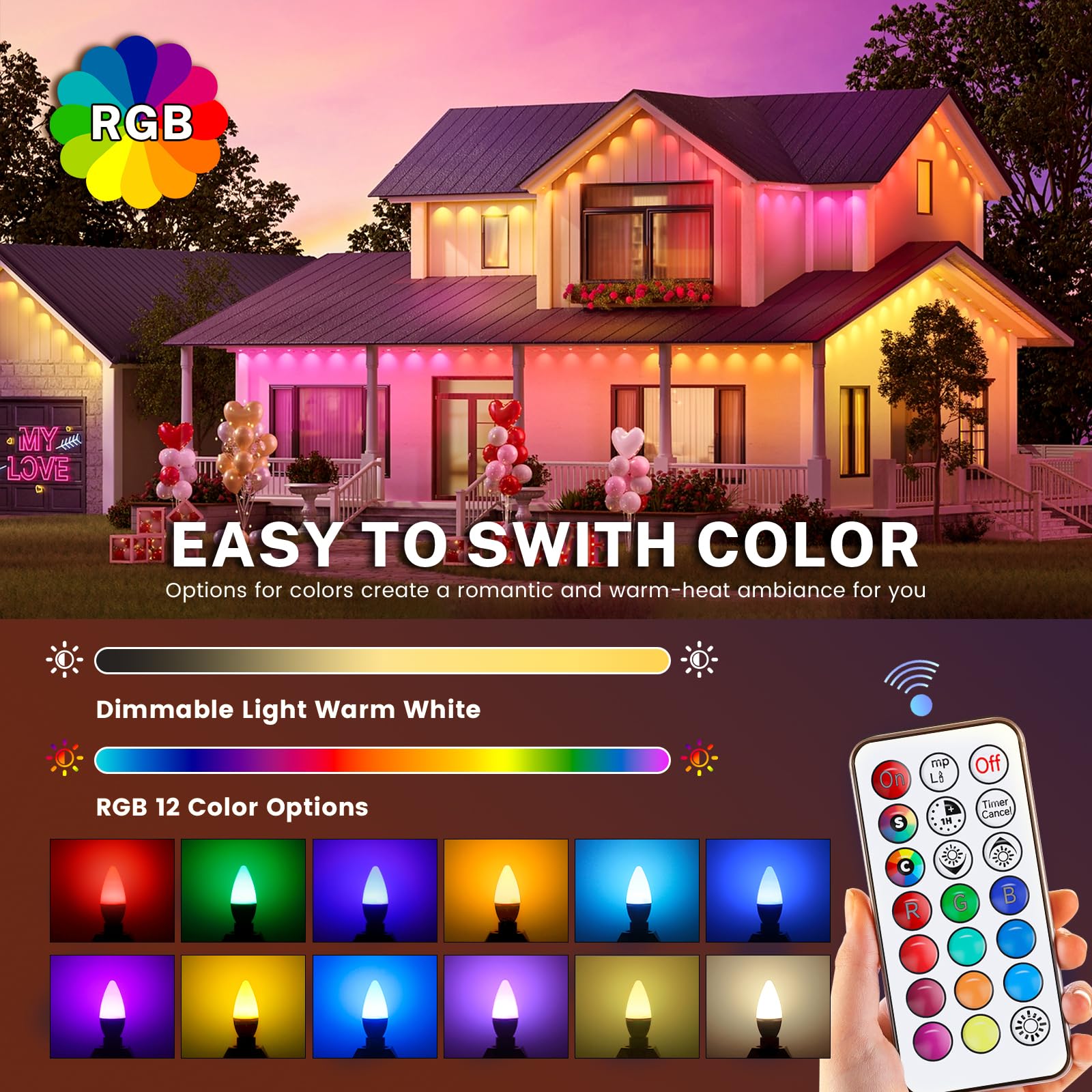 Liuyife 2 Pack 5W E14 C35 Dimmable Multi-Color Candle LED Bulb,Color Changing Bulb with Remote Control - Image 3