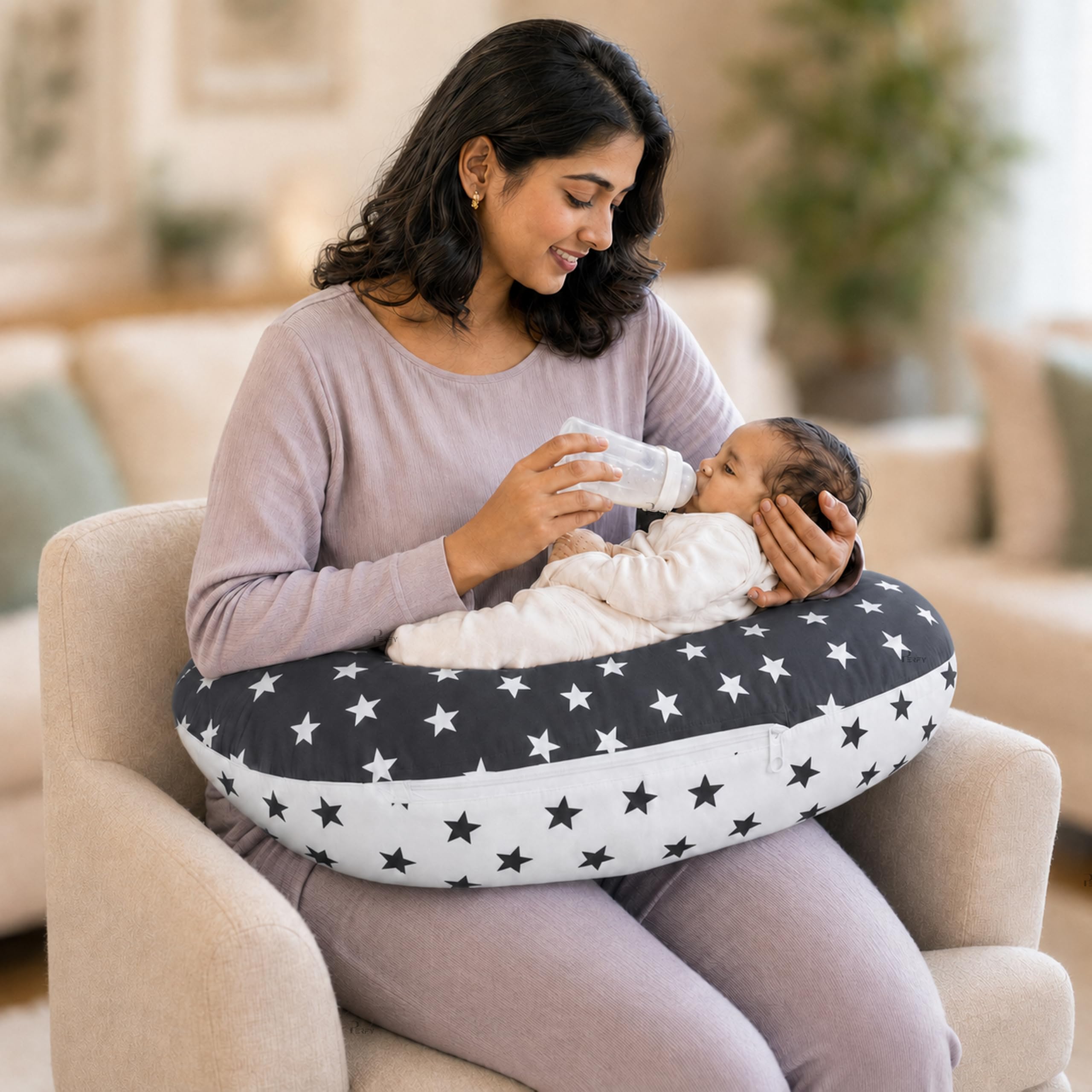 Infans Mini Baby Feeding Pillow Cotton|Maternity Feeding Pillow Portable & Adjustable|Nursing Pillow for Mother and New Born Baby (Star Grey)-image-6