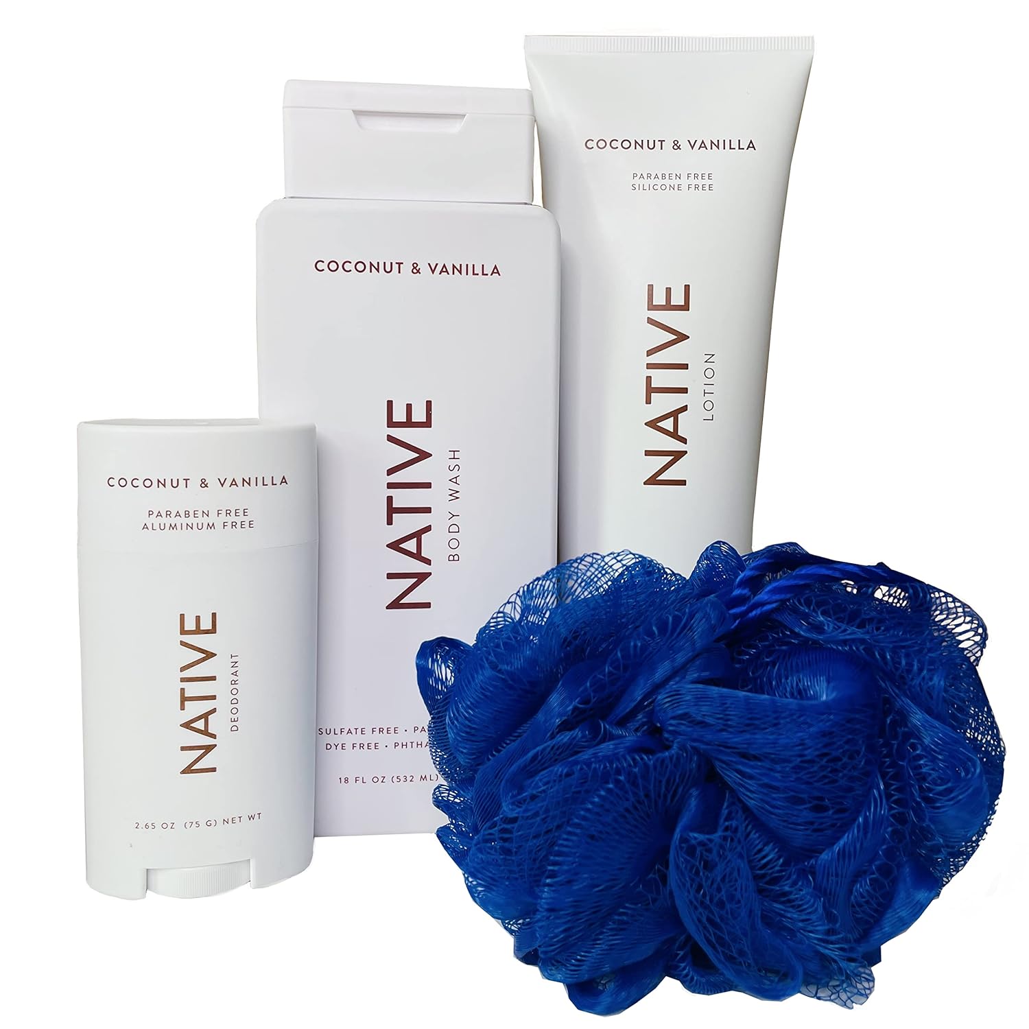 Native Lotion, Deodorant, & Body Wash with Loofah Set for