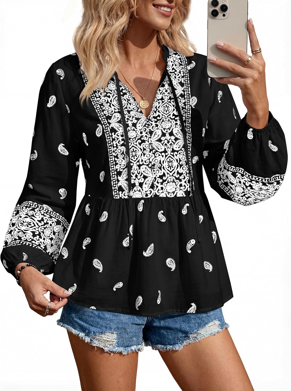 MASCOMODA Women Boho Babydoll Tops Spring Summer Casual V Neck Peplum Long Sleeve Blouses Flowy Shirts Beach Vacation Clothes - Image 3