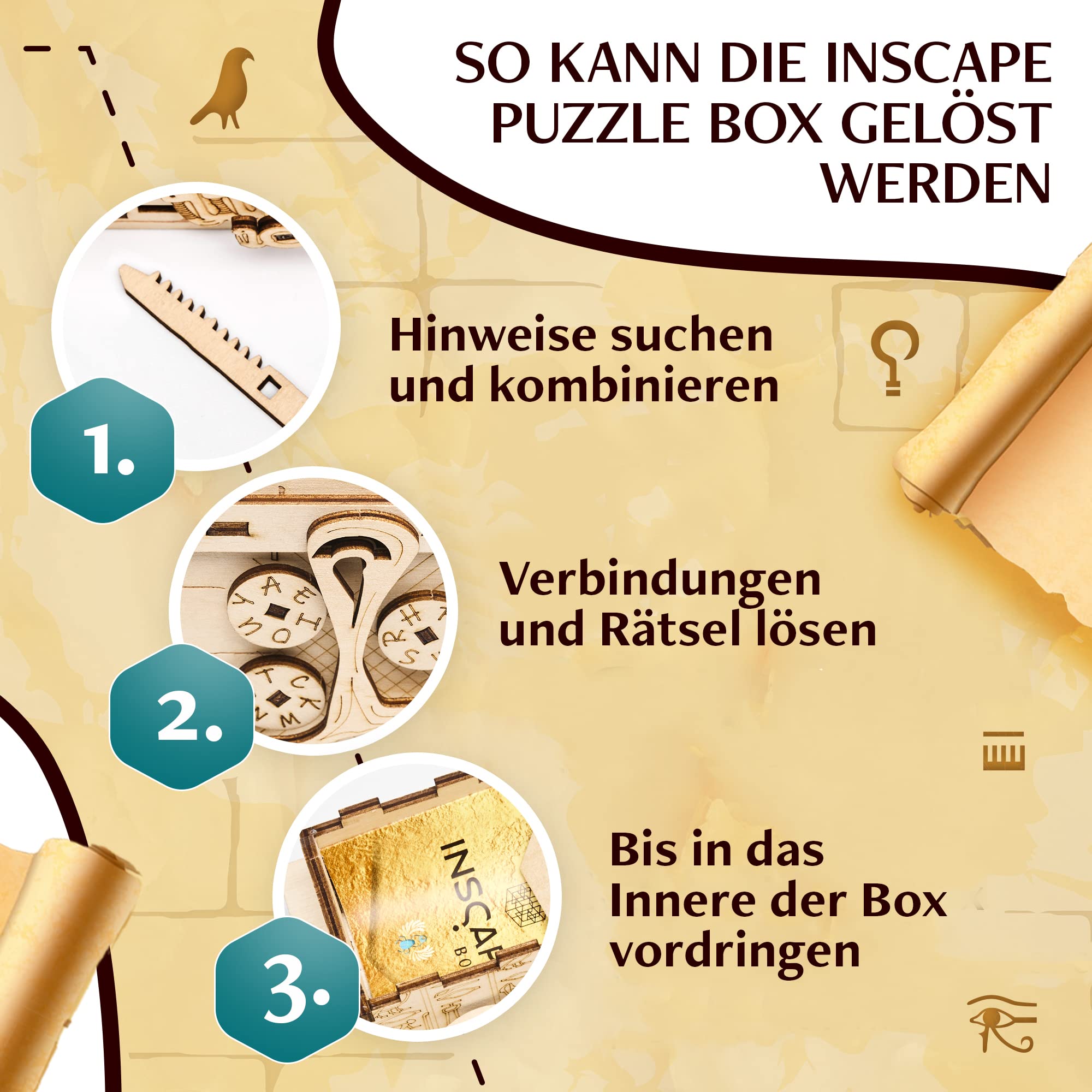 INSCAPE Pharaoh´s Secret - Rätselbox Holz - Puzzle Box - Escape Room Spiel Erwachsene und Kinder - Knobelspiele für Erwachsene - 3D Holzpuzzle - Cluebox - Denkspiele