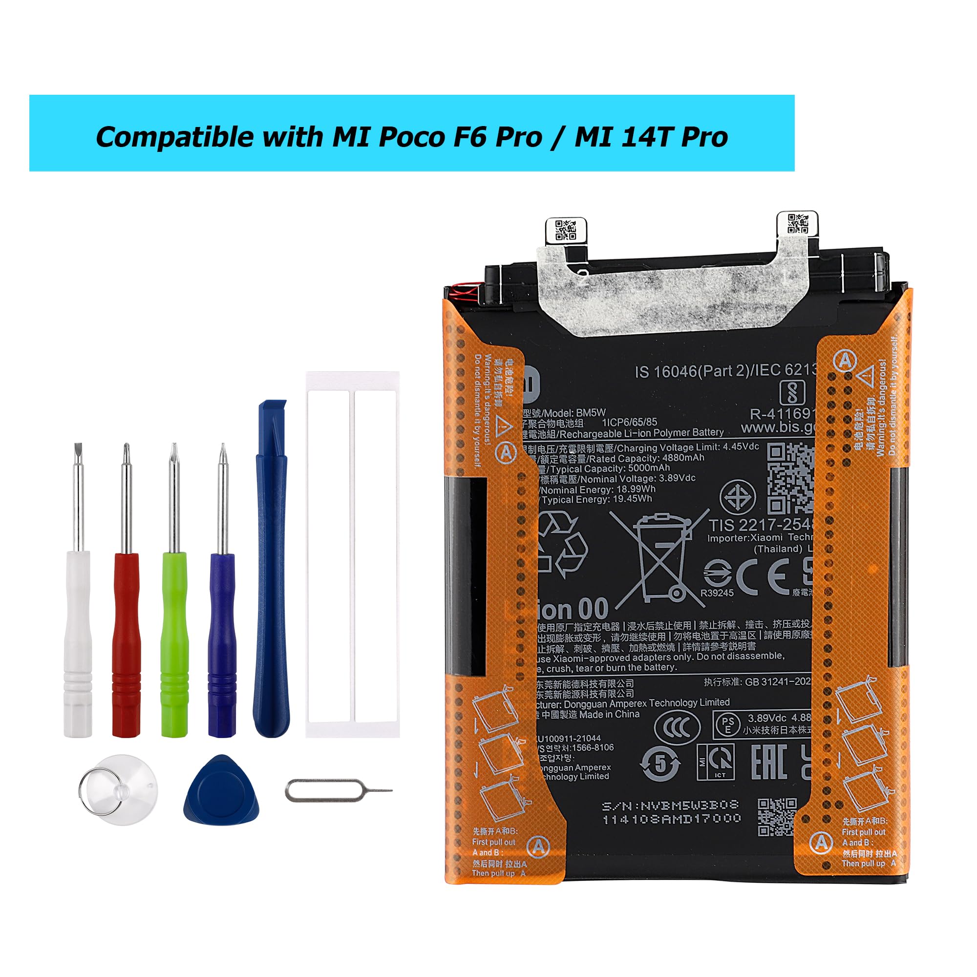 New BM5W Replacement Battery Compatible with MI Poco F6 Pro 23113RKC6G / MI 14T Pro 2407FPN8EG with Technical Toolkit