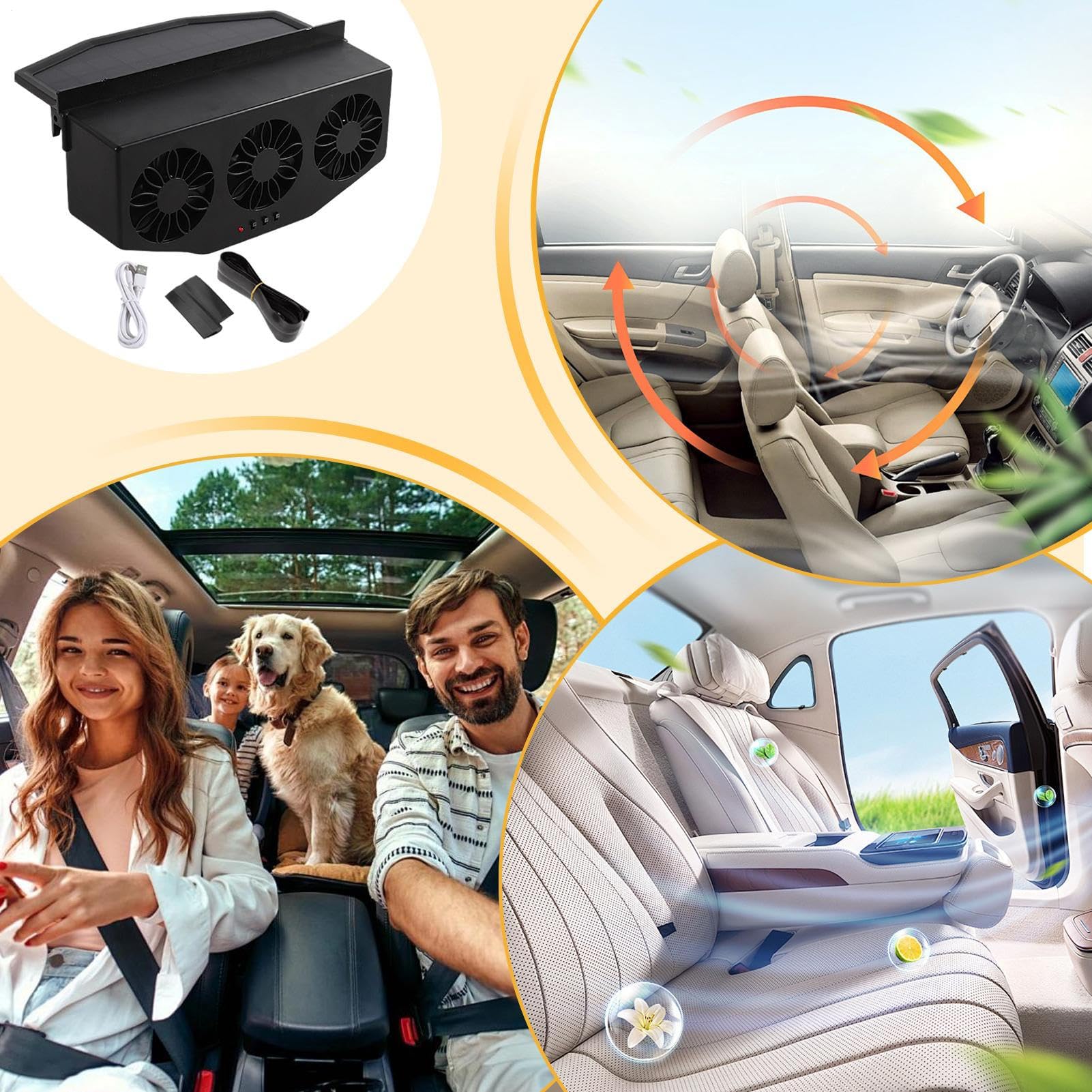 Ventilateur d'échappement pour voiture – Ventilateur de voiture à énergie solaire, 1200 mAh, chargement USB pour camping-car, camion, berline, purificateur d'air automatique