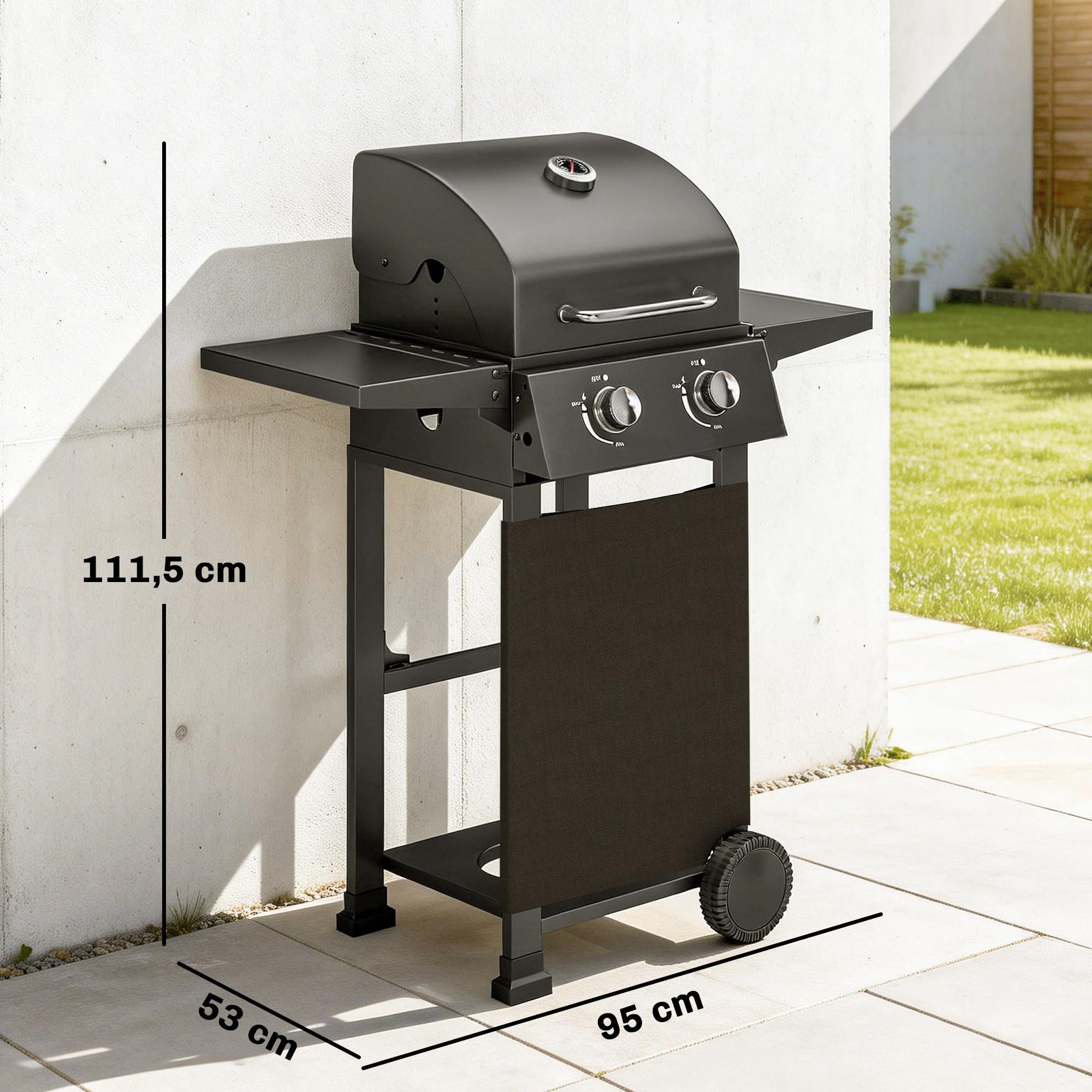 Outsunny Gasgrill 5,4 KW 2 Brenner Stahl BBQ Grillwagen inkl klappbar Seitentisch Thermometer verchromter Grillrost Warmhalterost Rolle Unterschrank, Gas-Grill für Balkon Party BBQ Schwarz