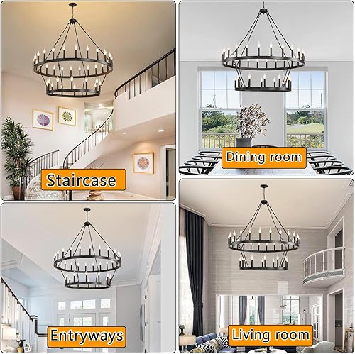 Miniatura 4 de celimi Candelabro negro de 2 niveles de 48 pulgadas, 36 luces, lámpara colgante grande de granja, iluminación colgante rústica para techos altos,