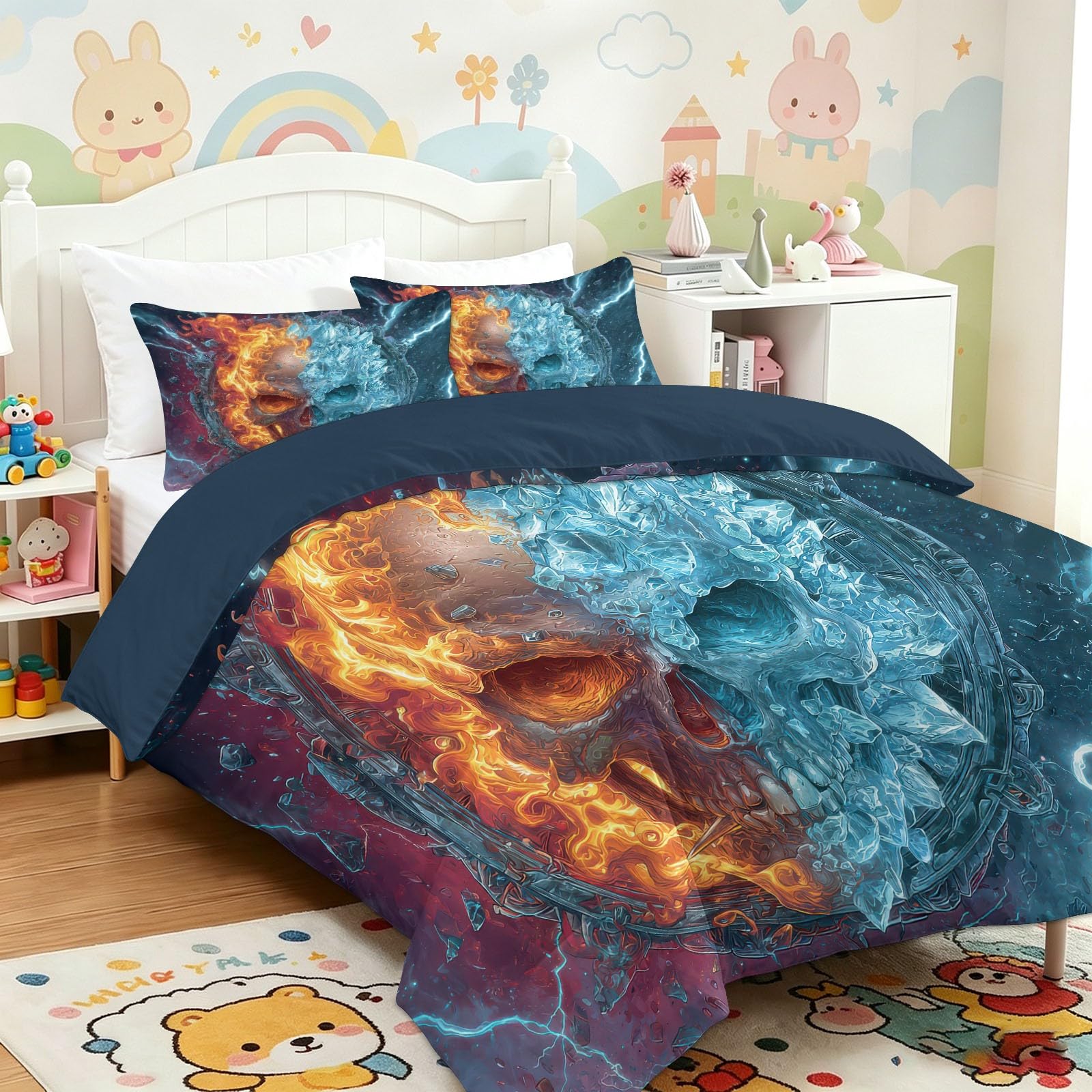 Housses de Couettes 200x200cm Glace Feu Crâne Éclair pour Lit 2 Personnes