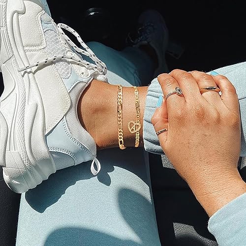 Miniatura 3 de Tobilleras con iniciales para mujer, 2 unidades, chapadas en oro de 18 quilates, hechas a mano, delicadas en capas, tobillera con letra inicial