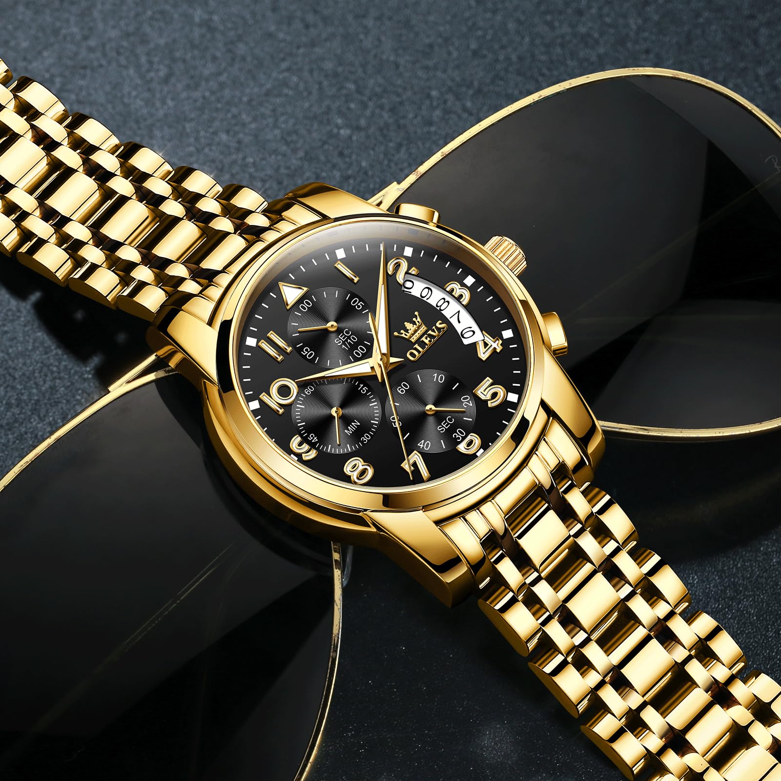 OLEVS Men's Watch, Multifunction Stainless Steel Mens Chronograph Watch with Date, Easy to Read Diamonds Arabic Numerals Dress Watches for Men, Classic Waterproof Luminous Analog Quartz Male Watch
