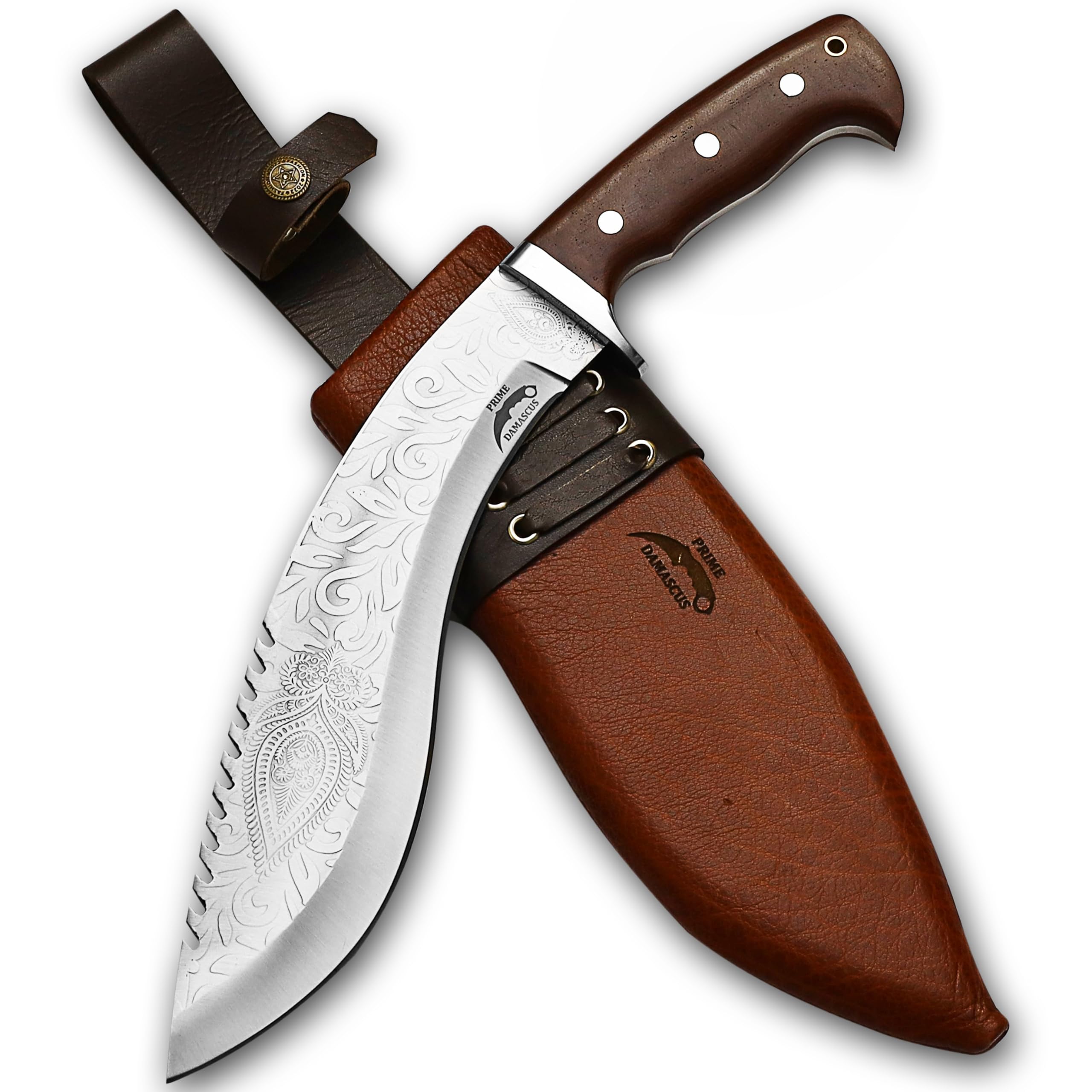 prime damascus Kukri Machete Knife with Sheath Full Tang- Fixed Blade Cool Tool for Bushcraft and Camping- Best Handmade Gift for Men