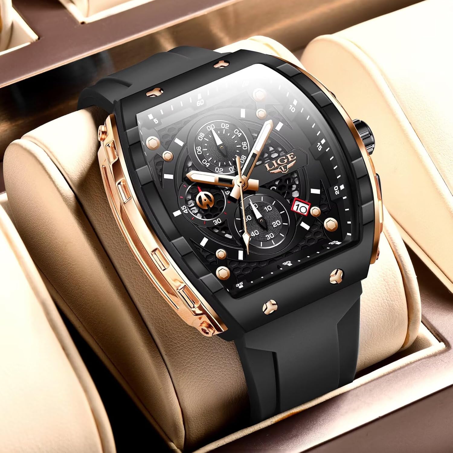 SACOSDING Mens Watches,Unique Rectangular Quartz Analog Watch,Outdoor Sports Multi-Function Watch,Chronograph/Waterproof/Luminous/Calendar,Durable Silicone Strap Mens Casual Watches - Image 2