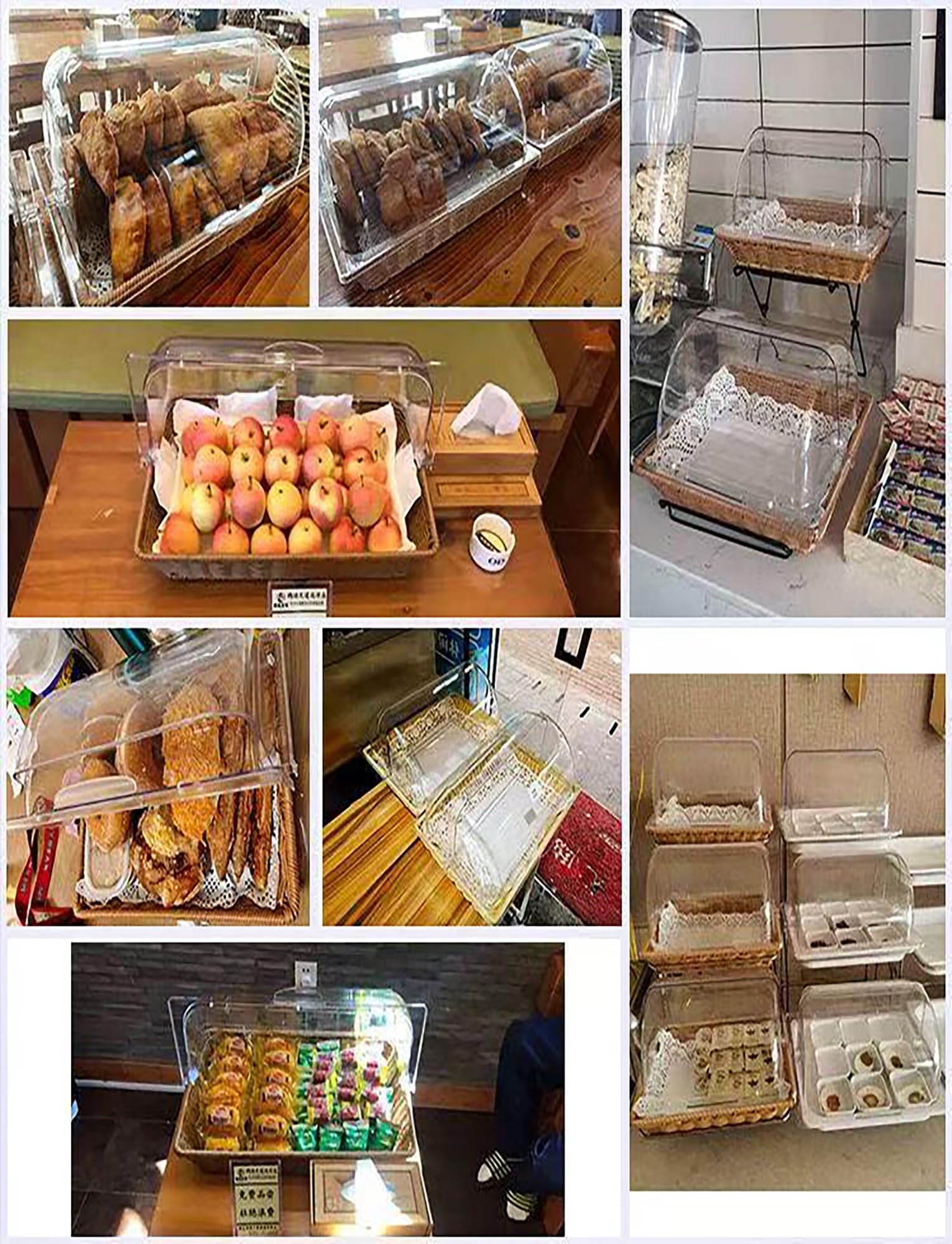 Expositor de repostería con cubiertas higiénicas, diseño de 3 niveles y cestas de ratán sintético para cafeterías, bufés y servicios de desayuno