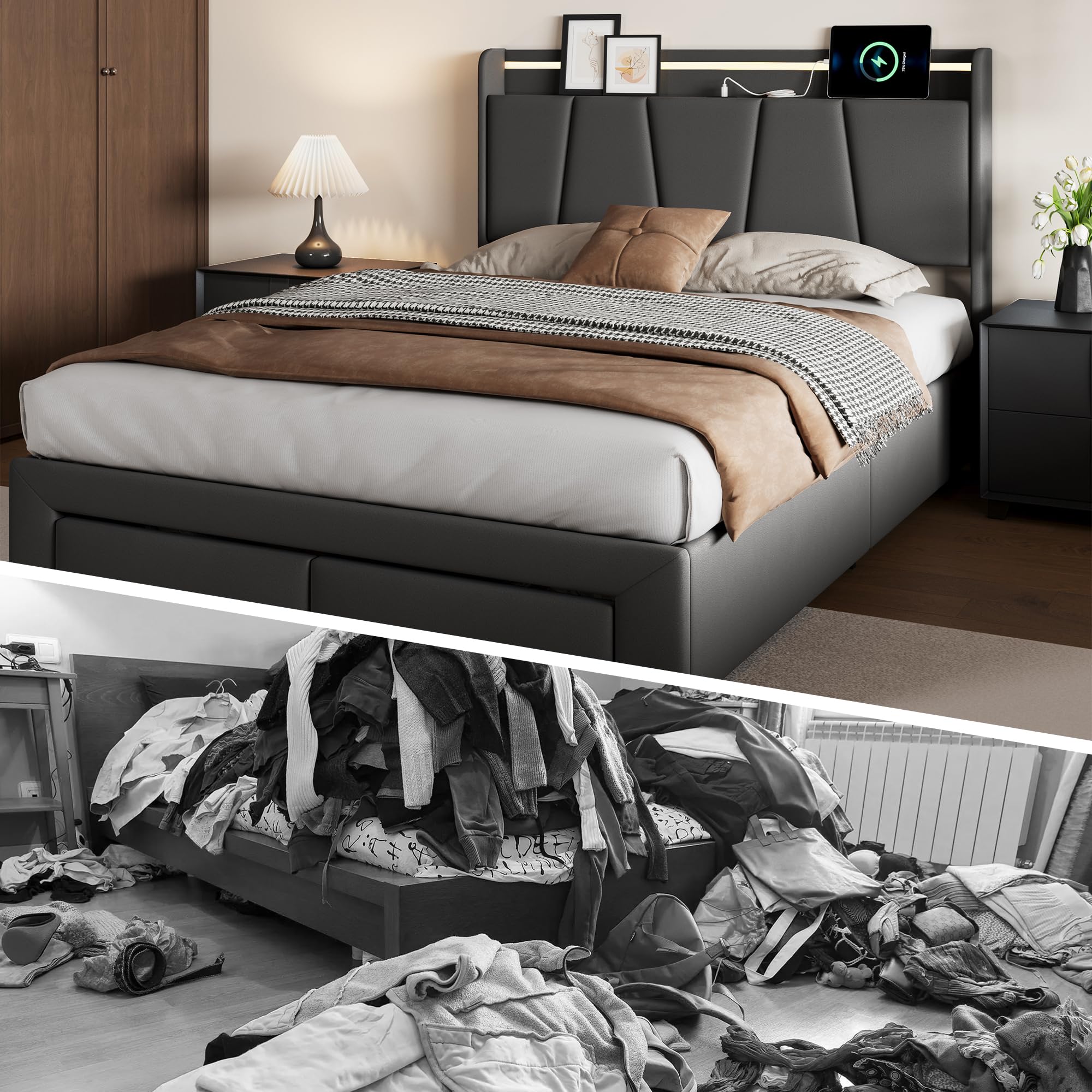 Łóżko do przechowywania 140 x 200 cm, hydrauliczne, tapicerowane łóżko z przyłączem USB i oświetleniem LED, z dwiema szufladami, z miejscem do przechowywania przy zagłówku, ciemnoszare, lniane