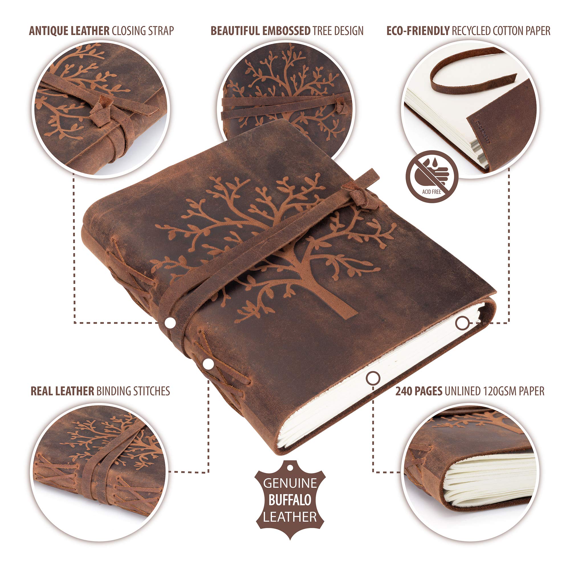 moonster® Cuaderno de Cuero Árbol de la Vida – Diario de Escritura Hecho a Mano – Bloc de Notas para Hombre y Mujer - Papel Blanco Liso 20x15 cm - Diario de Cuero